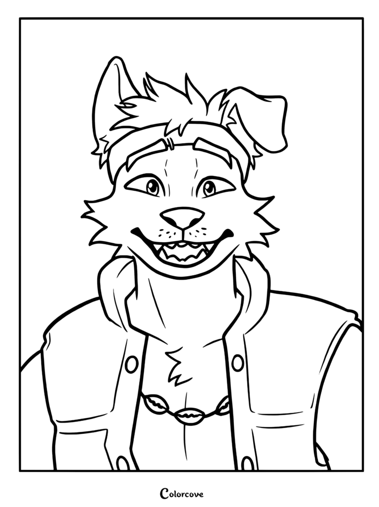 Page de coloriage gratuite à imprimer mettant en vedette Raww, le personnage de chien anthropomorphe du film d'animation Forgotten Island.
