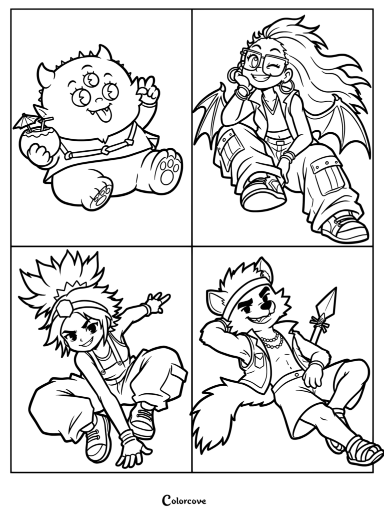 Page de coloriage gratuite à imprimer de Bungisngis, Raissa, Jo et Raww de Forgotten Island comprenant quatre panneaux d'illustrations de personnages.
