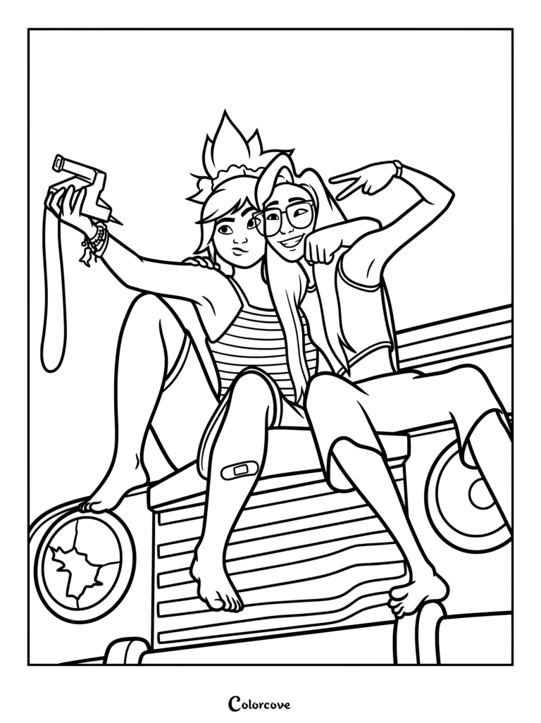 Jo et Raissa prenant un selfie sur un véhicule rétro pour cette page de coloriage Forgotten Island.