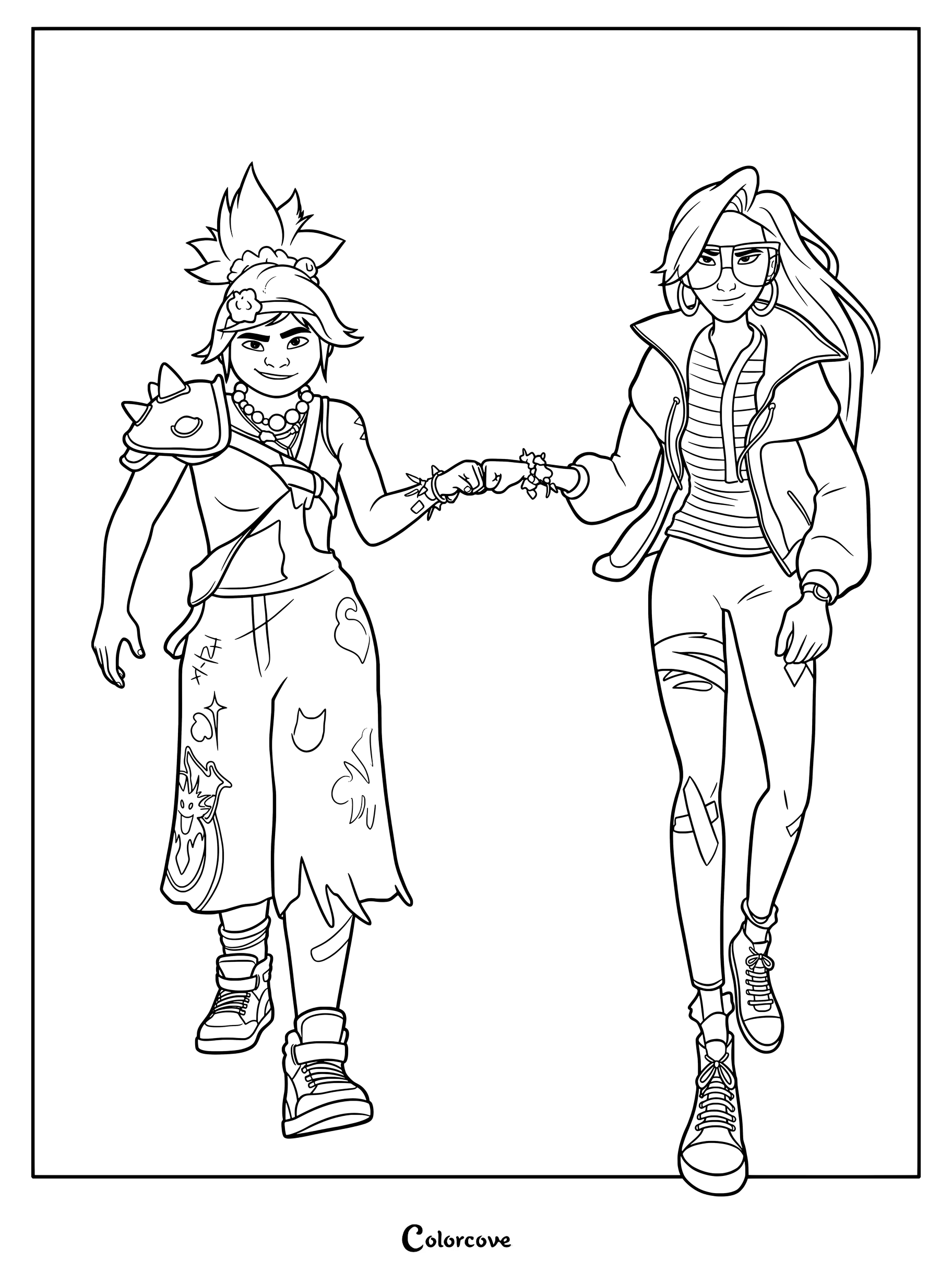 Jo et Raww faisant un check du poing dans une page de coloriage au trait tirée de Forgotten Island.