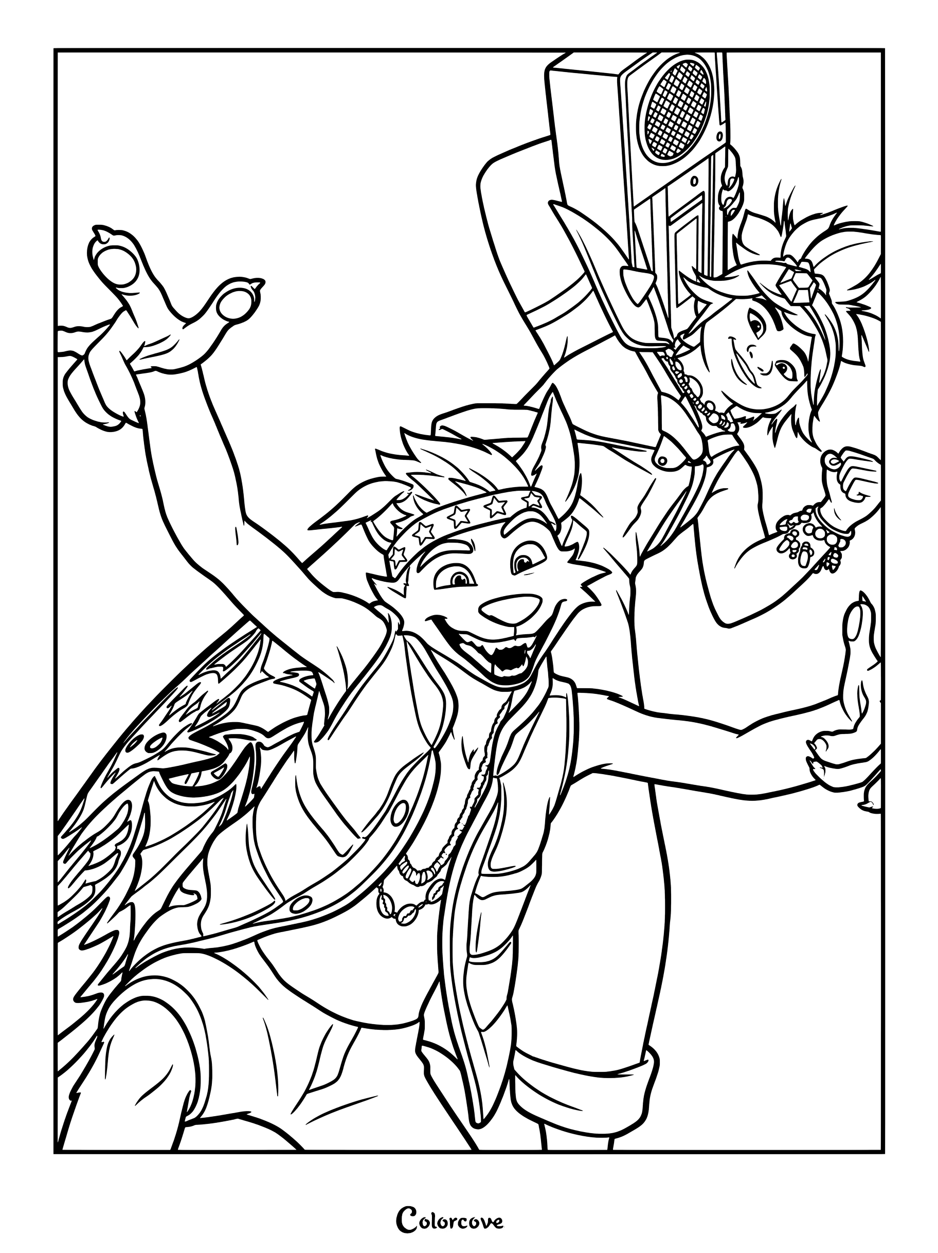 Jo et Raww de Forgotten Island dans une page de coloriage pleine d'action, avec Jo prenant une pose dynamique aux côtés de Raww qui porte un ghetto-blaster.