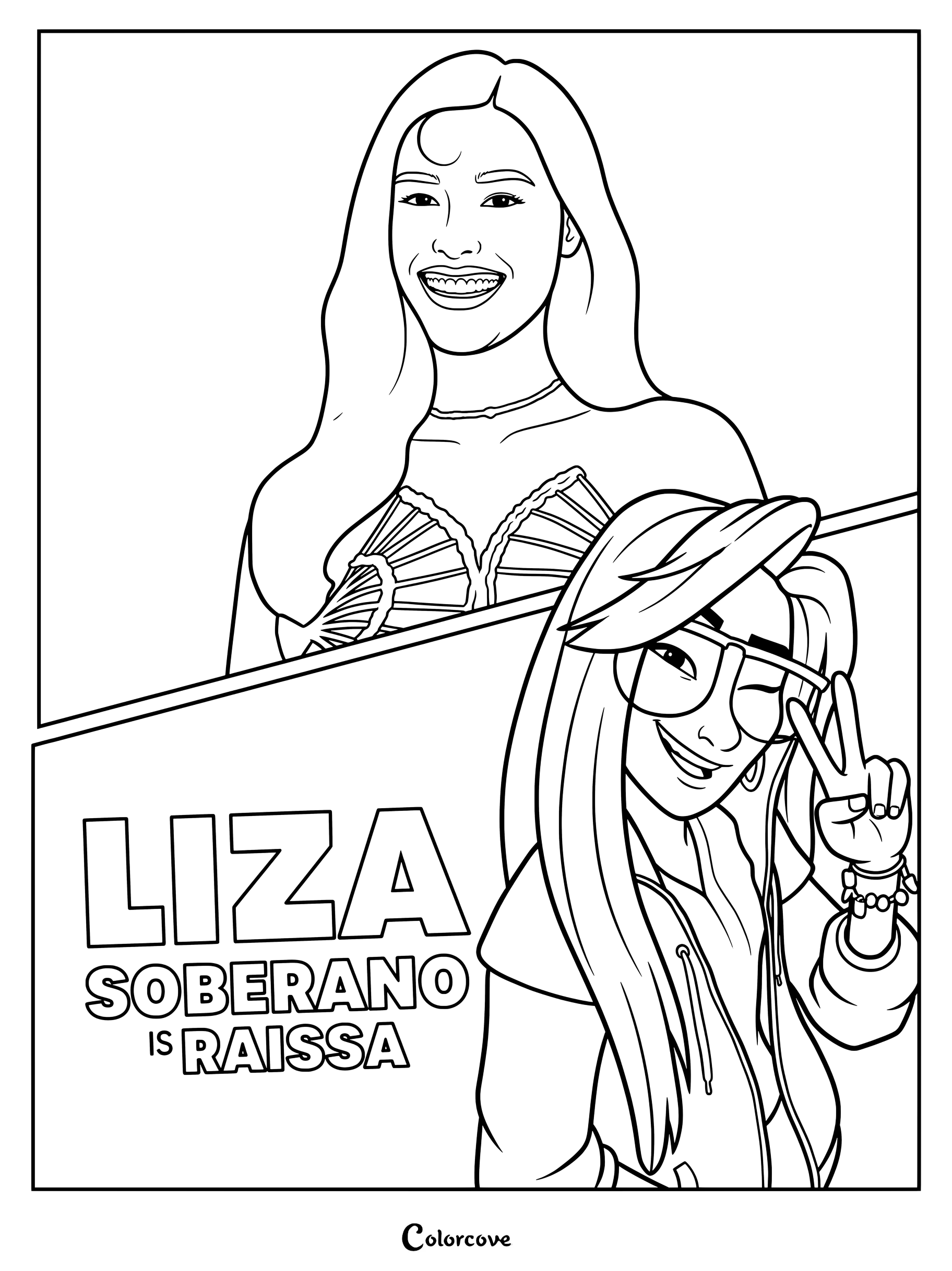 Liza Soberano doublant le personnage studieux de Raissa dans le film d'aventure fantastique de DreamWorks Animation Forgotten Island, avec un coloriage de Raissa faisant un signe de paix.