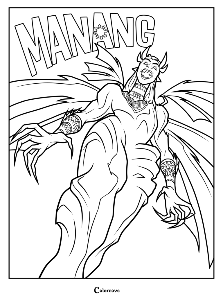 Coloriage gratuit de Manang dans Forgotten Island mettant en vedette le terrifiant démon Manananggal avec son torse détaché et ses mains griffues.