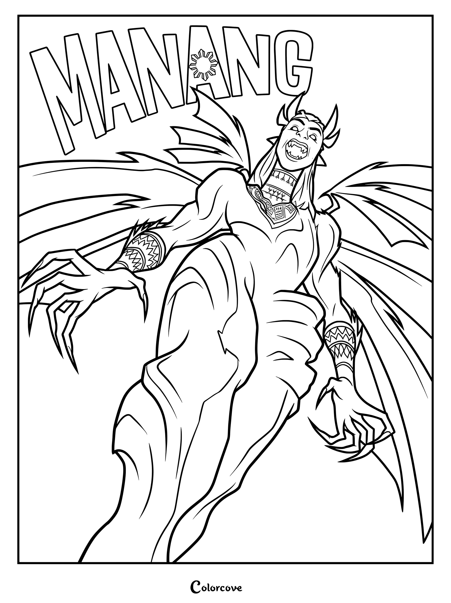 Coloriage gratuit de Manang dans Forgotten Island mettant en vedette le terrifiant démon Manananggal avec son torse détaché et ses mains griffues.