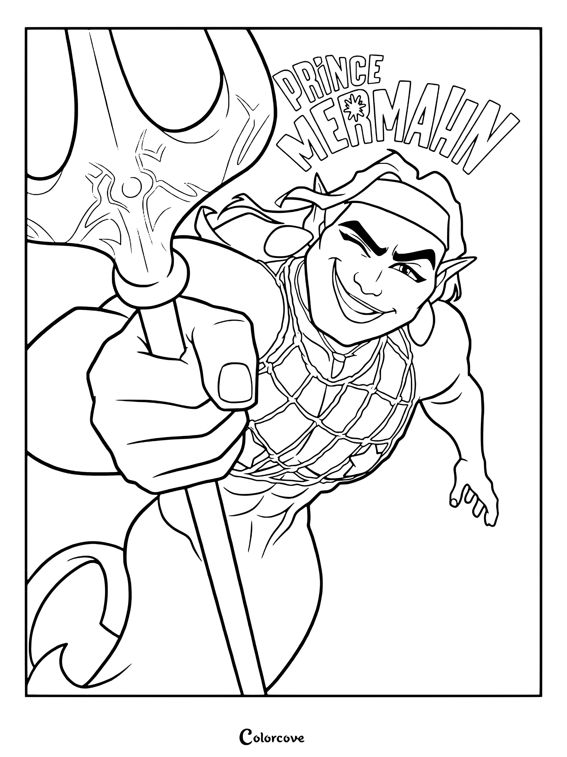 Le prince Mermahn tenant son trident dans cette page de coloriage Forgotten Island.