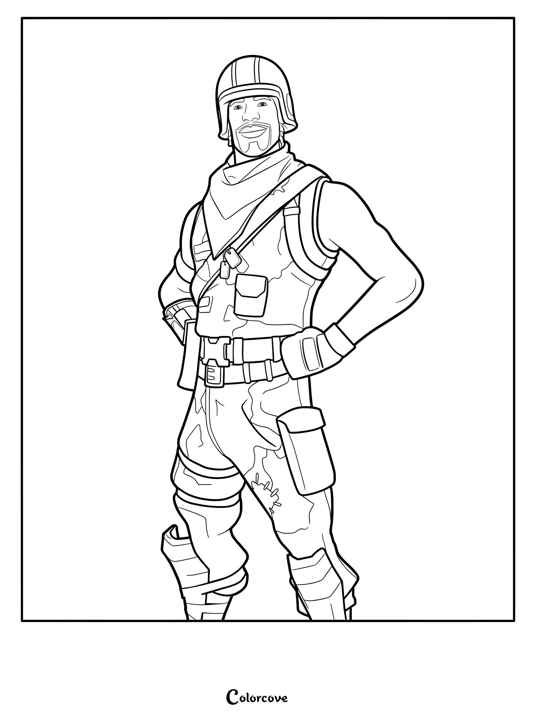 Coloriage du personnage Fortnite Soldat d'assaut aérien portant un casque et un gilet tactique.