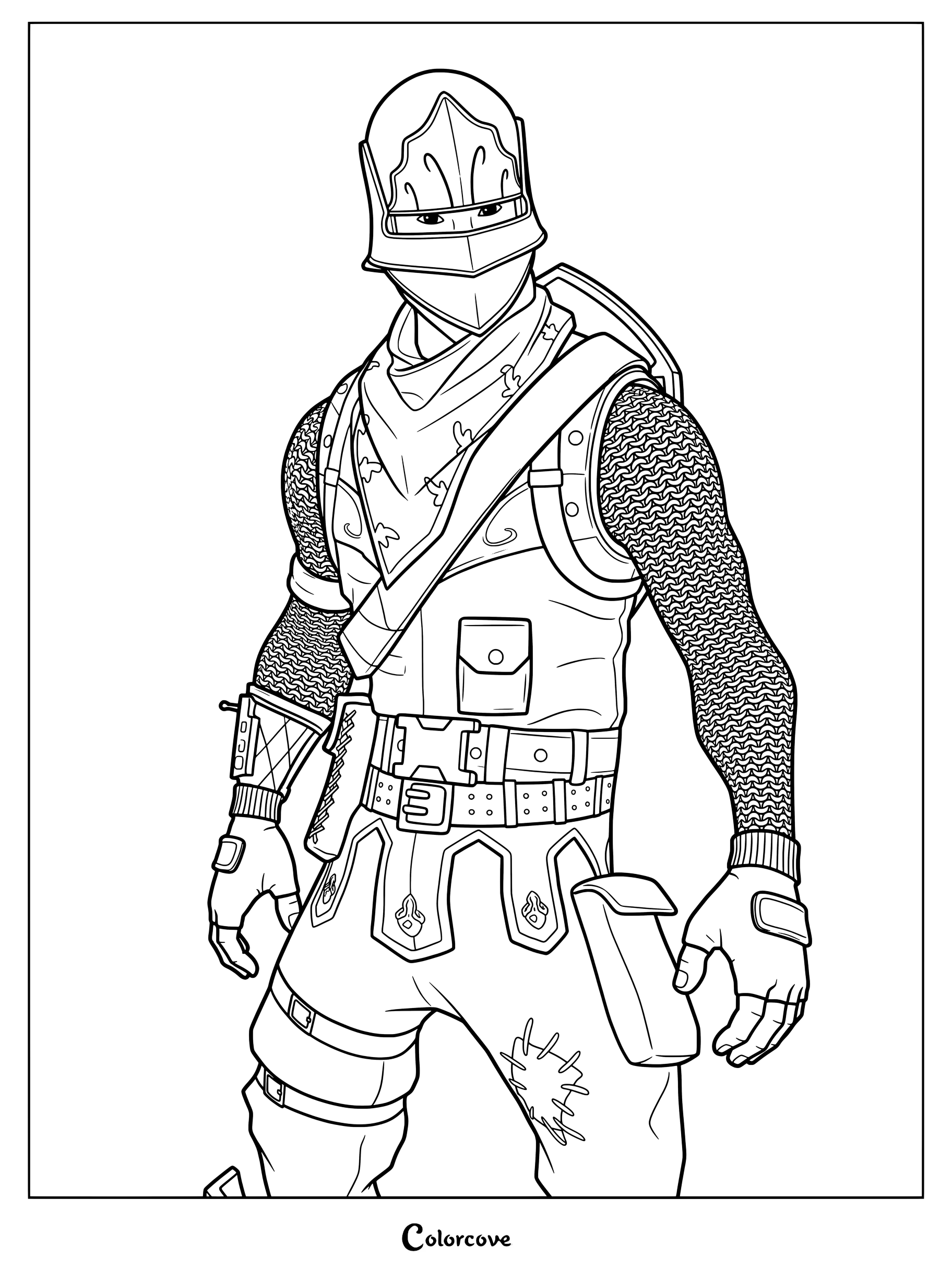 Coloriage de l'Écuyer bleu de Fortnite portant une armure et un casque médiévaux.