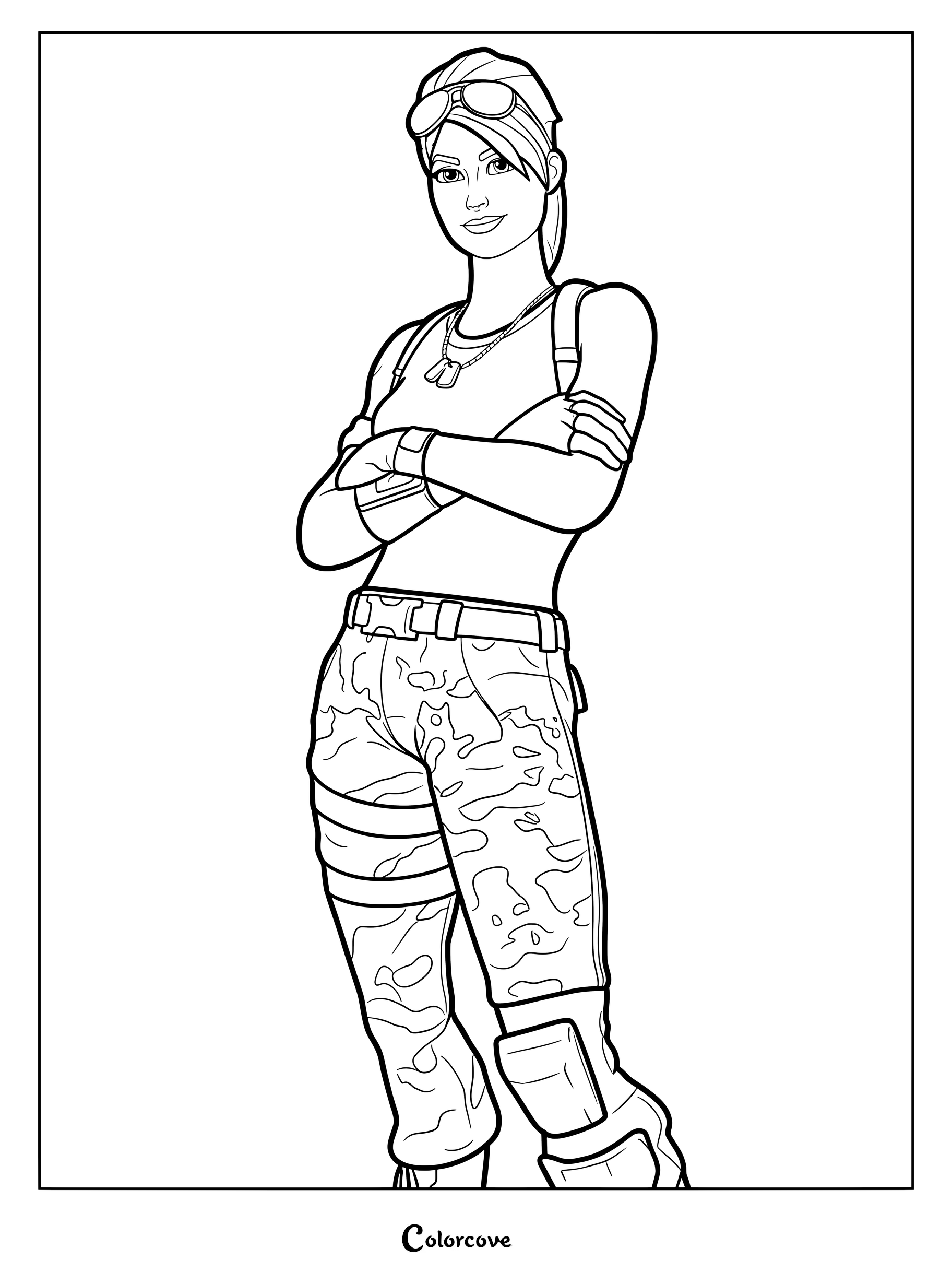 Coloriage rétro du skin Fortnite Ramirez représentant le personnage debout, bras croisés, vêtue d'un pantalon camouflage et de lunettes