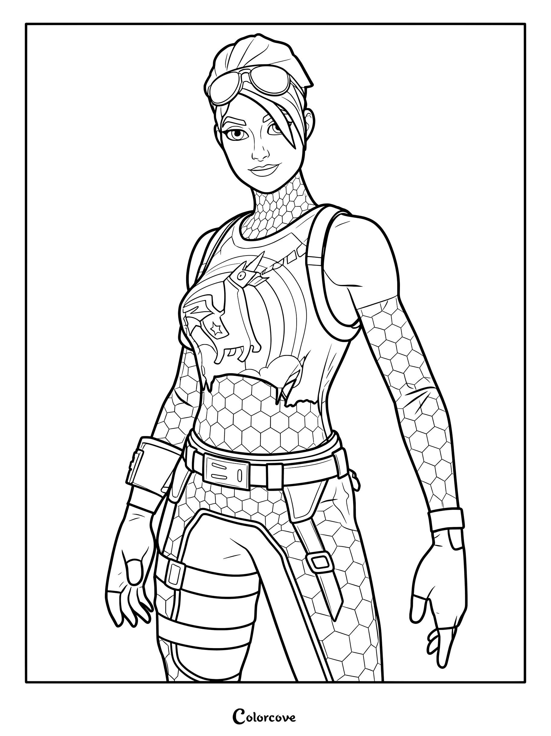 Coloriage de Terreur lumineuse présentant le personnage de Fortnite avec son t-shirt licorne emblématique.