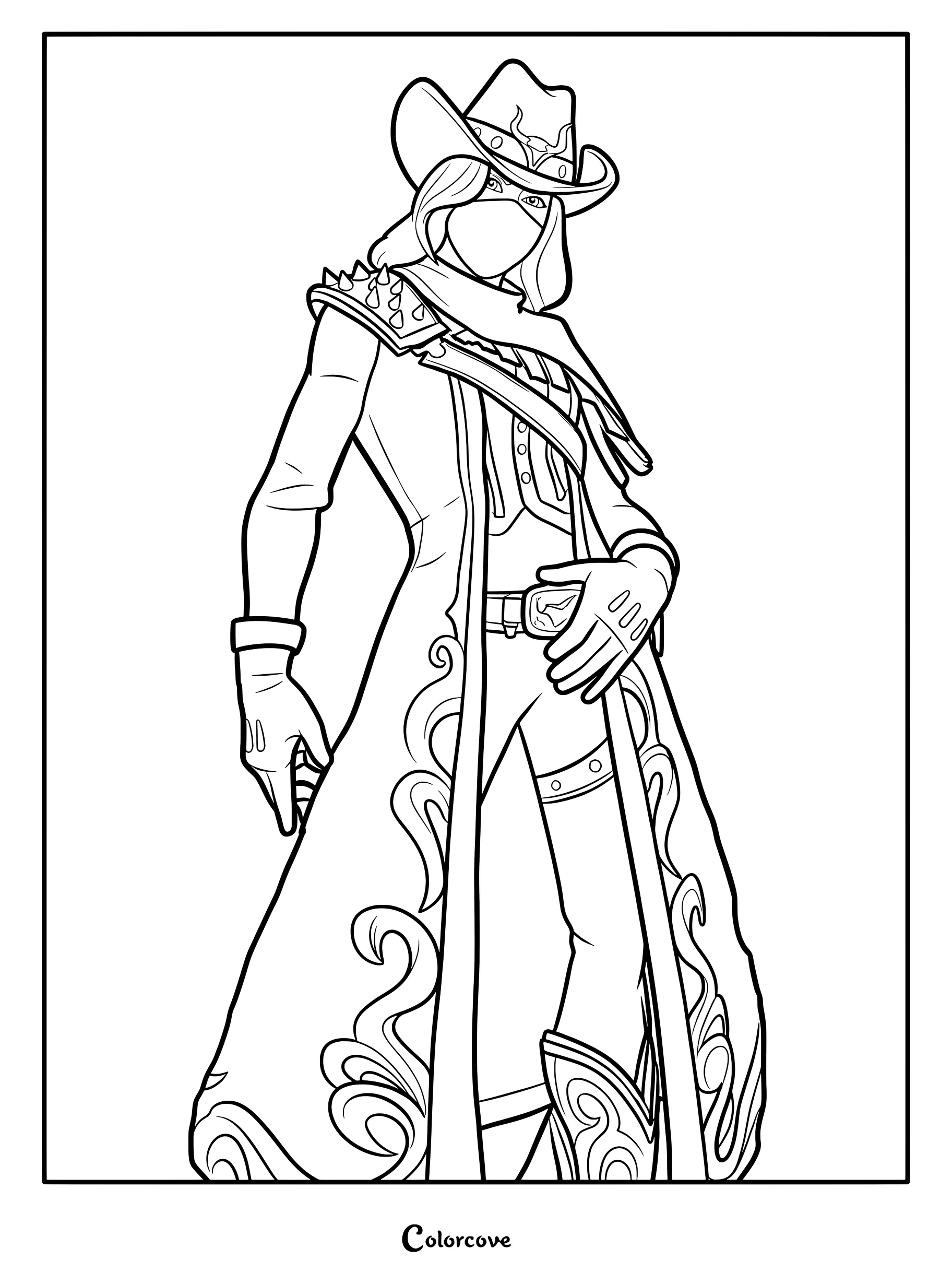 Coloriage du Skin Fortnite Calamité avec son chapeau de cowboy et son manteau long.