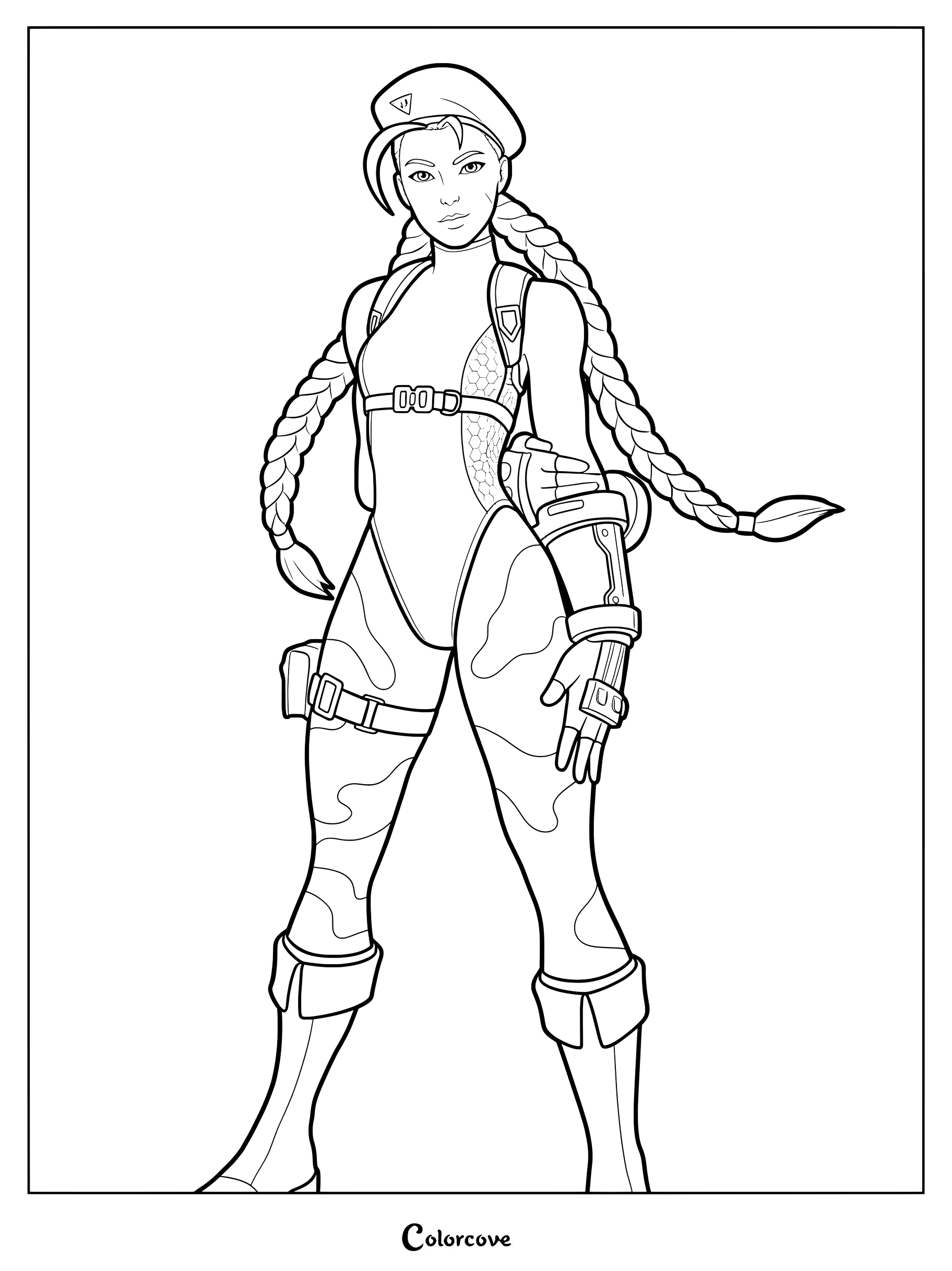 Coloriage du Skin Fortnite Cammy avec le personnage en béret et tenue tactique