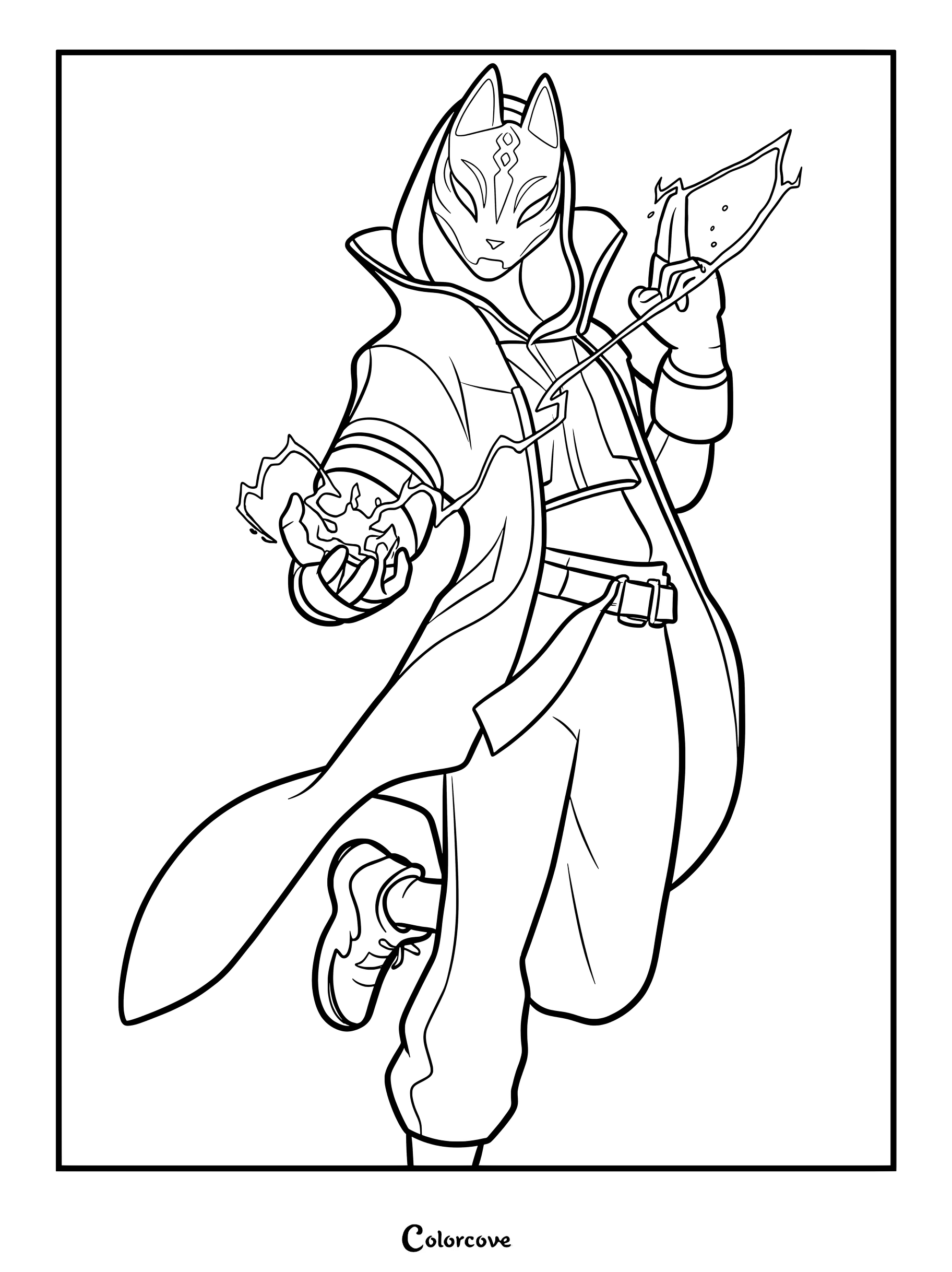 Coloriage à imprimer du Skin Fortnite Catalyseur portant son masque de renard emblématique et tenant un éclair dans la main.