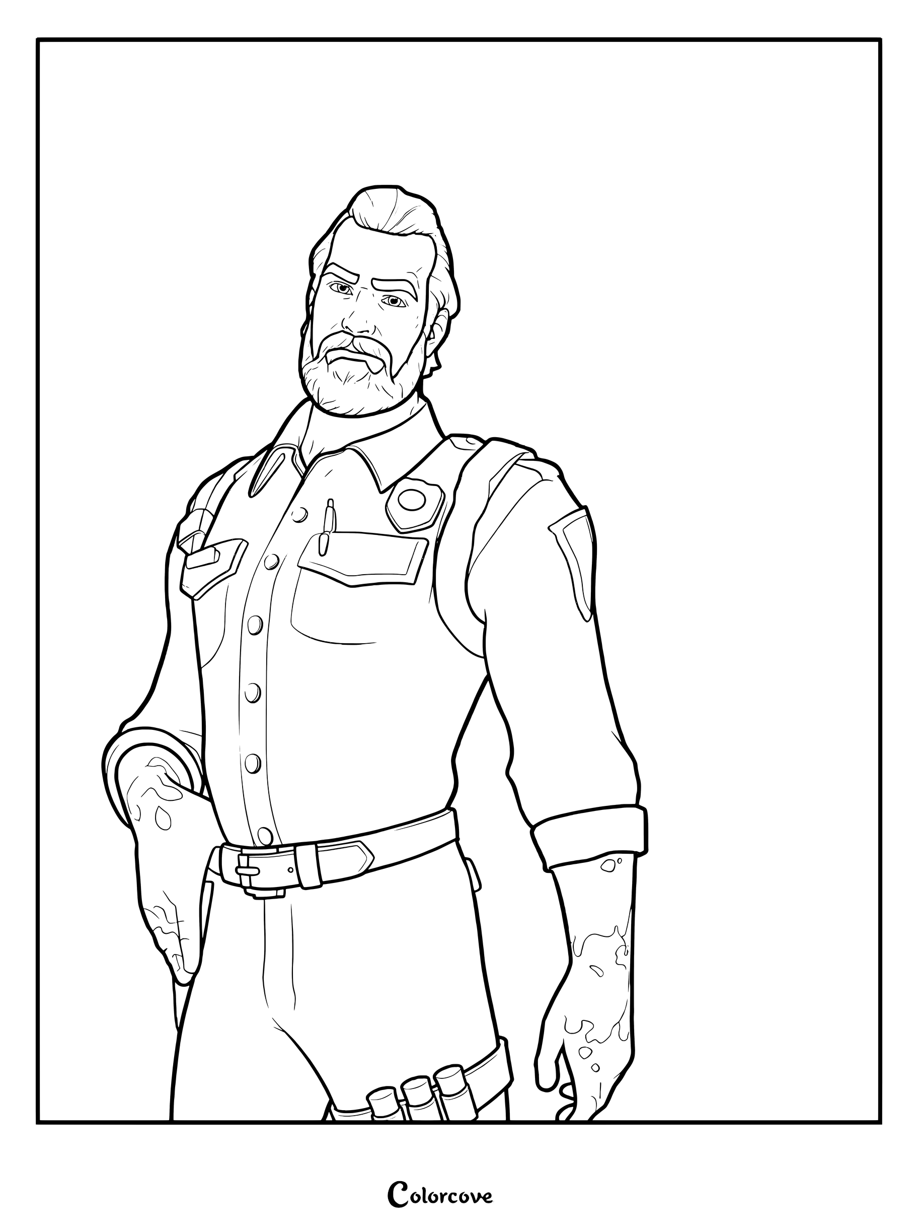 Coloriage du Skin Fortnite Chef Hopper avec le personnage barbu en uniforme