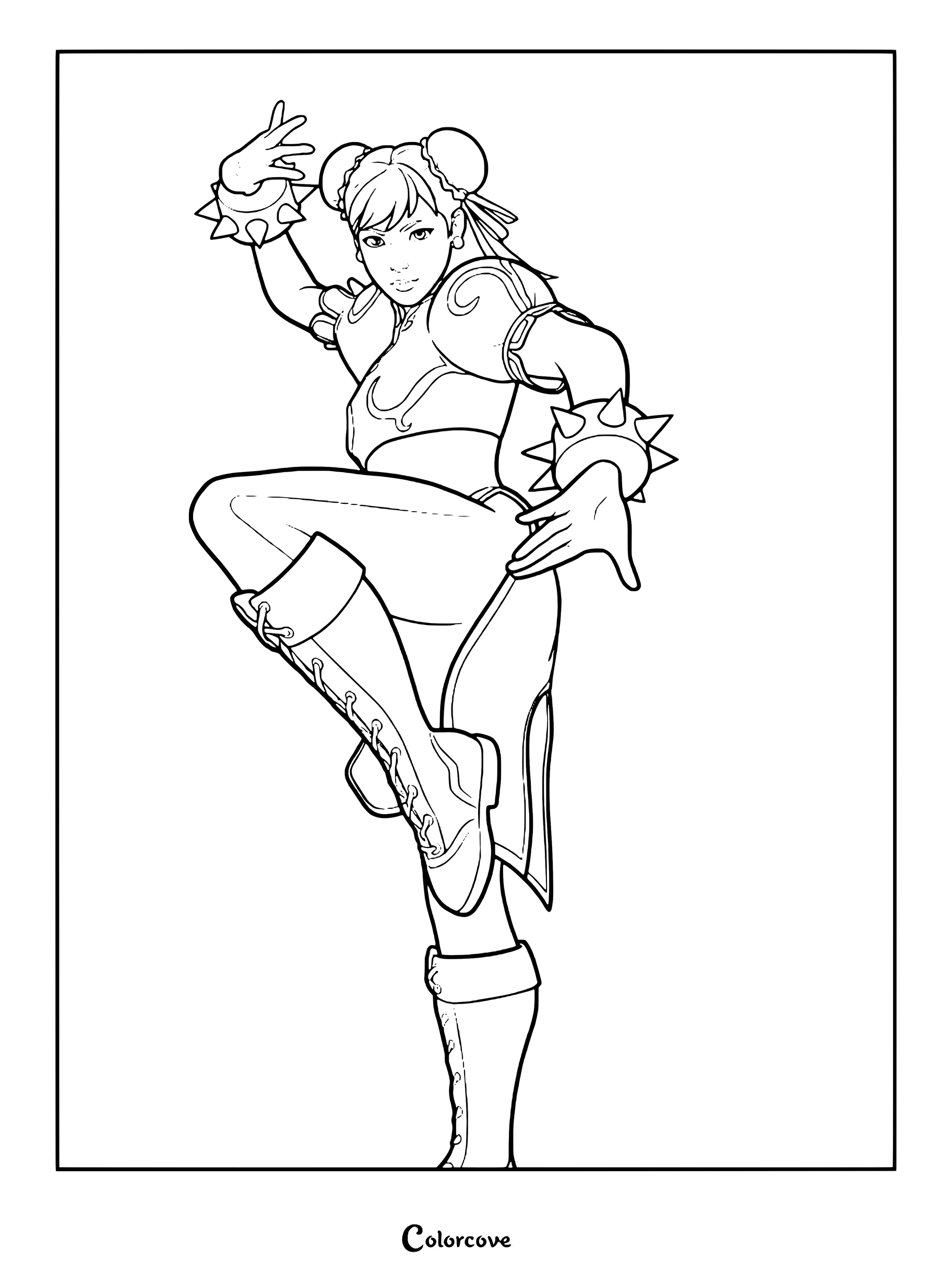 Coloriage du Skin Fortnite Chun-Li avec ses poignets à piques emblématiques et sa pose d'arts martiaux