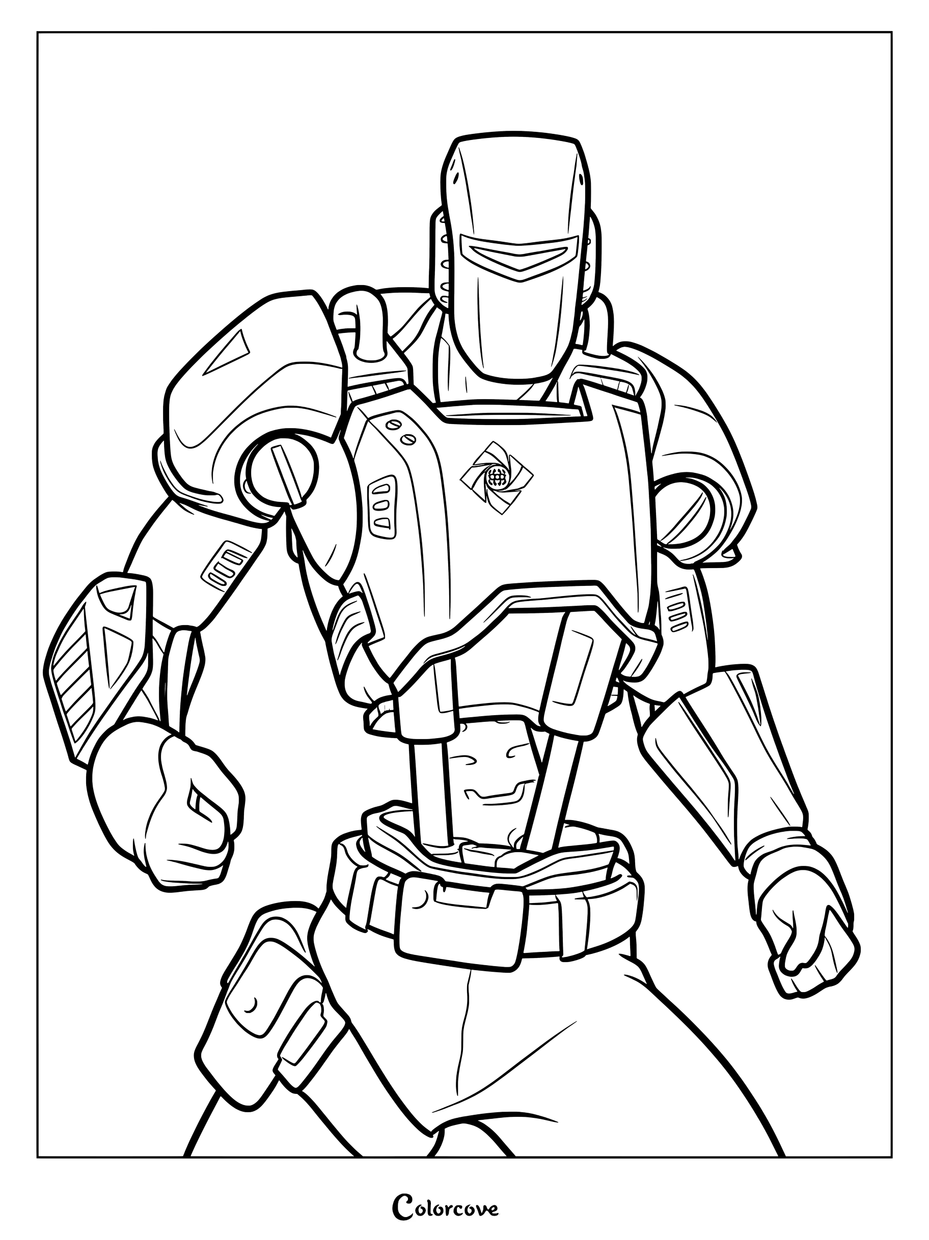 Coloriage du skin Fortnite A.I.M. avec une armure robotique et un écran souriant sur le torse