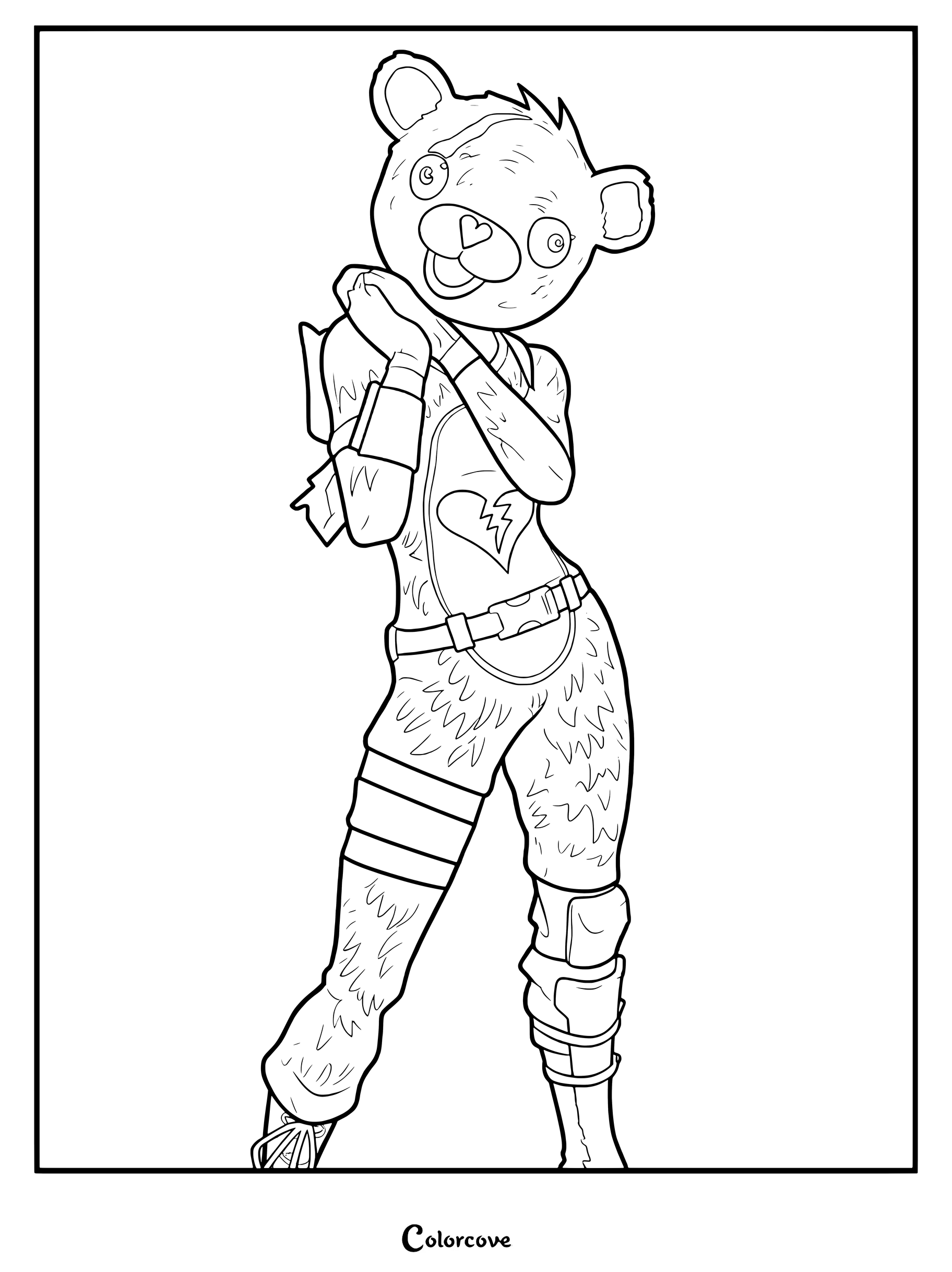 Coloriage du Skin Fortnite Experte des câlins avec le personnage d'ours prenant la pose
