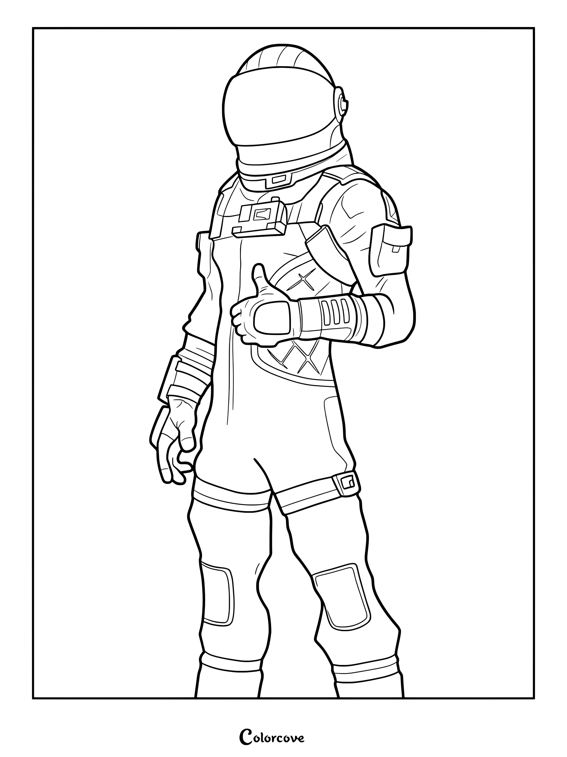 Coloriage à imprimer du Skin Fortnite Voyageur noir debout, faisant un signe pouce levé dans sa combinaison spatiale.