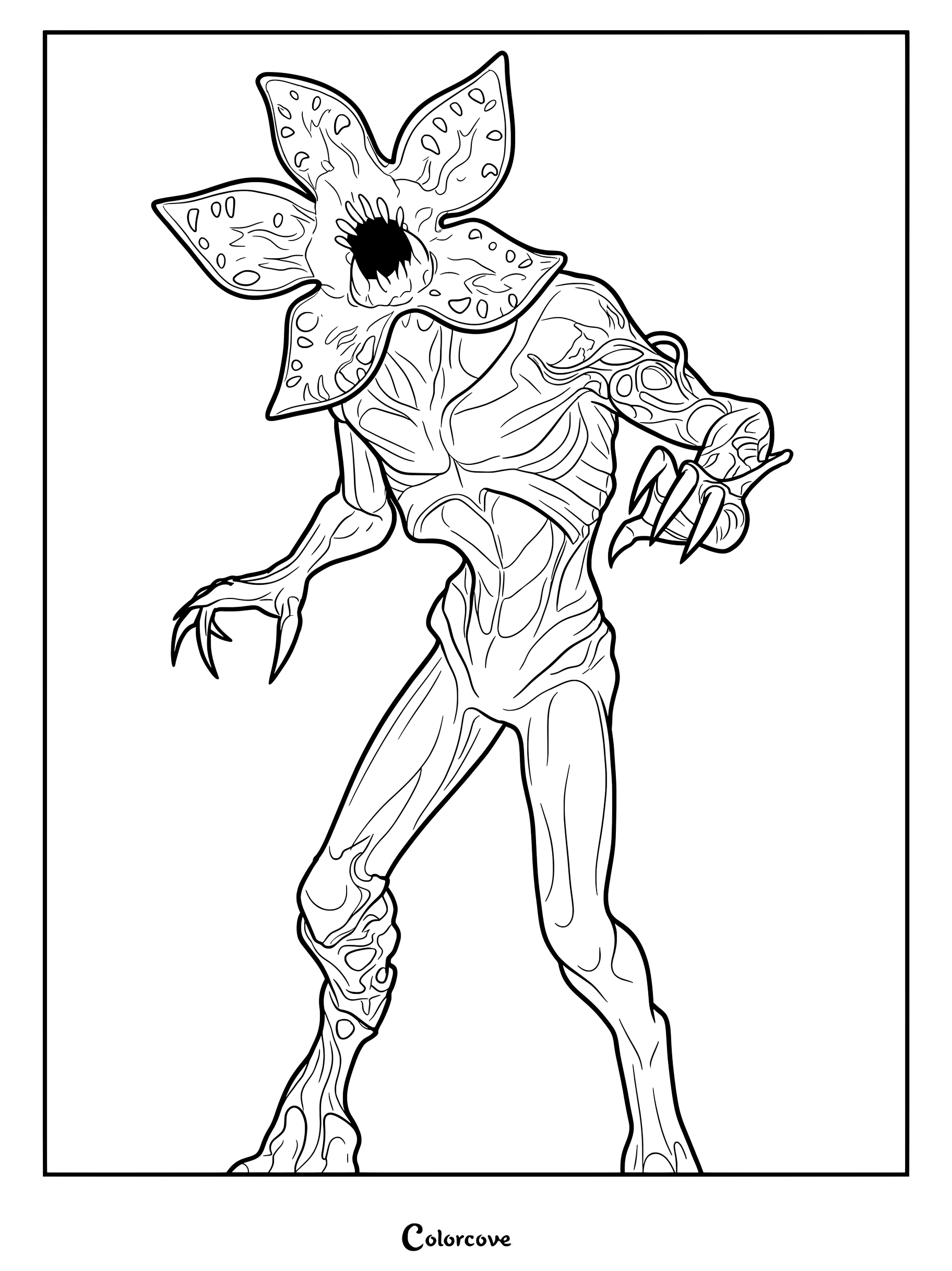 Coloriage du Skin Fortnite Démogorgon avec la créature debout, la tête en fleur ouverte
