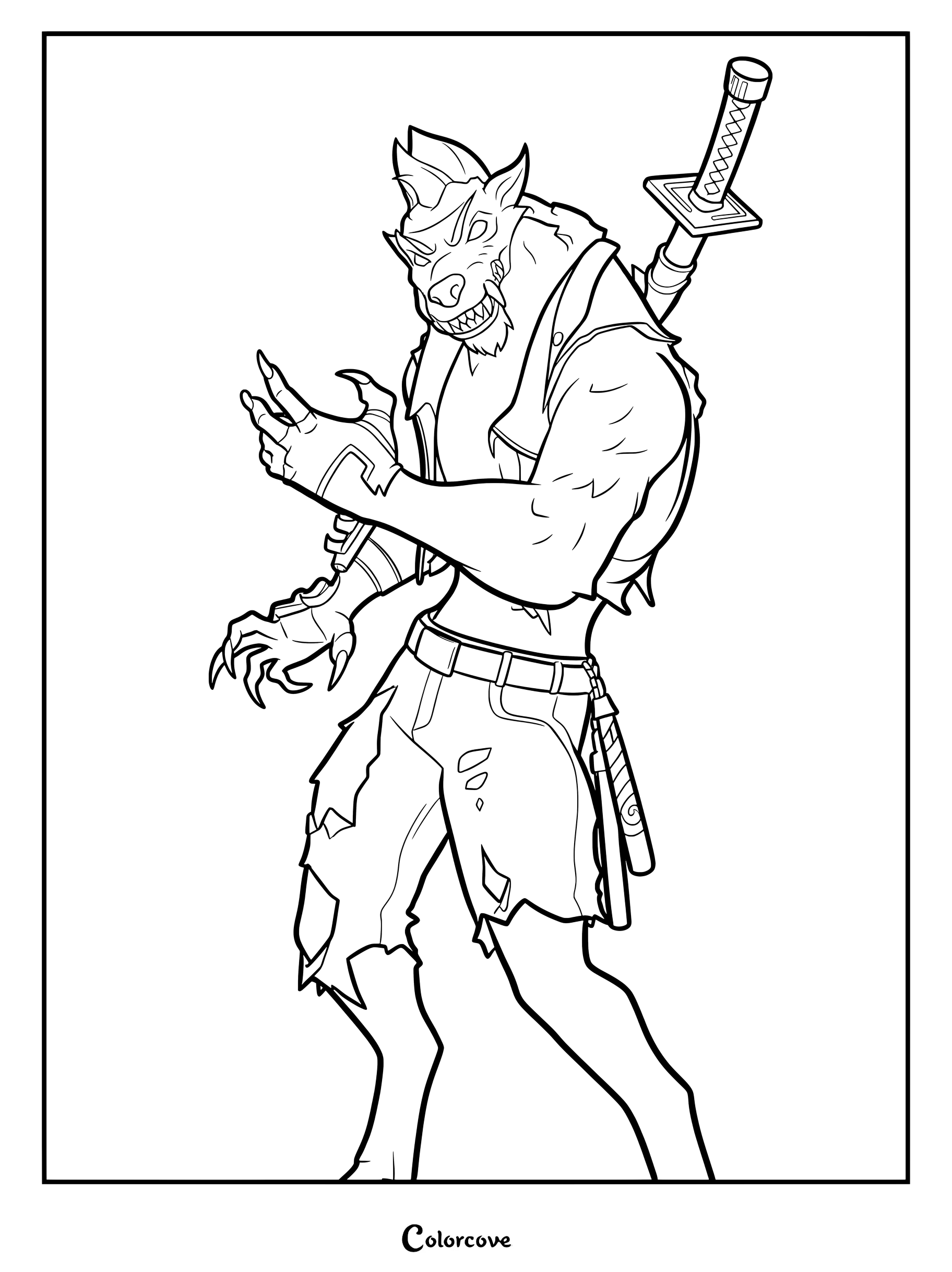 Coloriage du skin Fortnite Lycan représentant le personnage loup avec un pantalon déchiré et une épée dans le dos