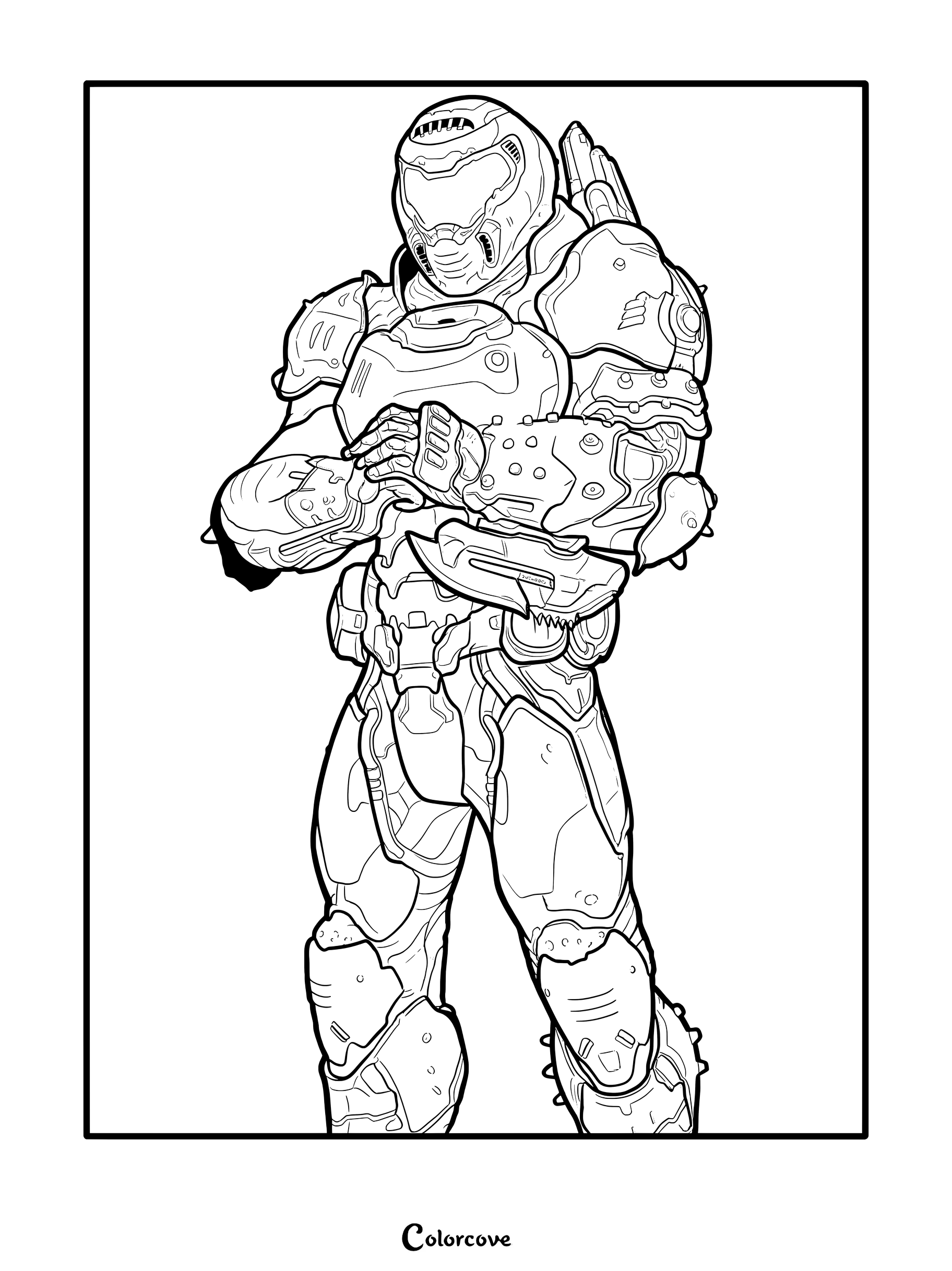 Coloriage du Skin Fortnite Doom Slayer avec une armure Praetor détaillée et son casque emblématique.