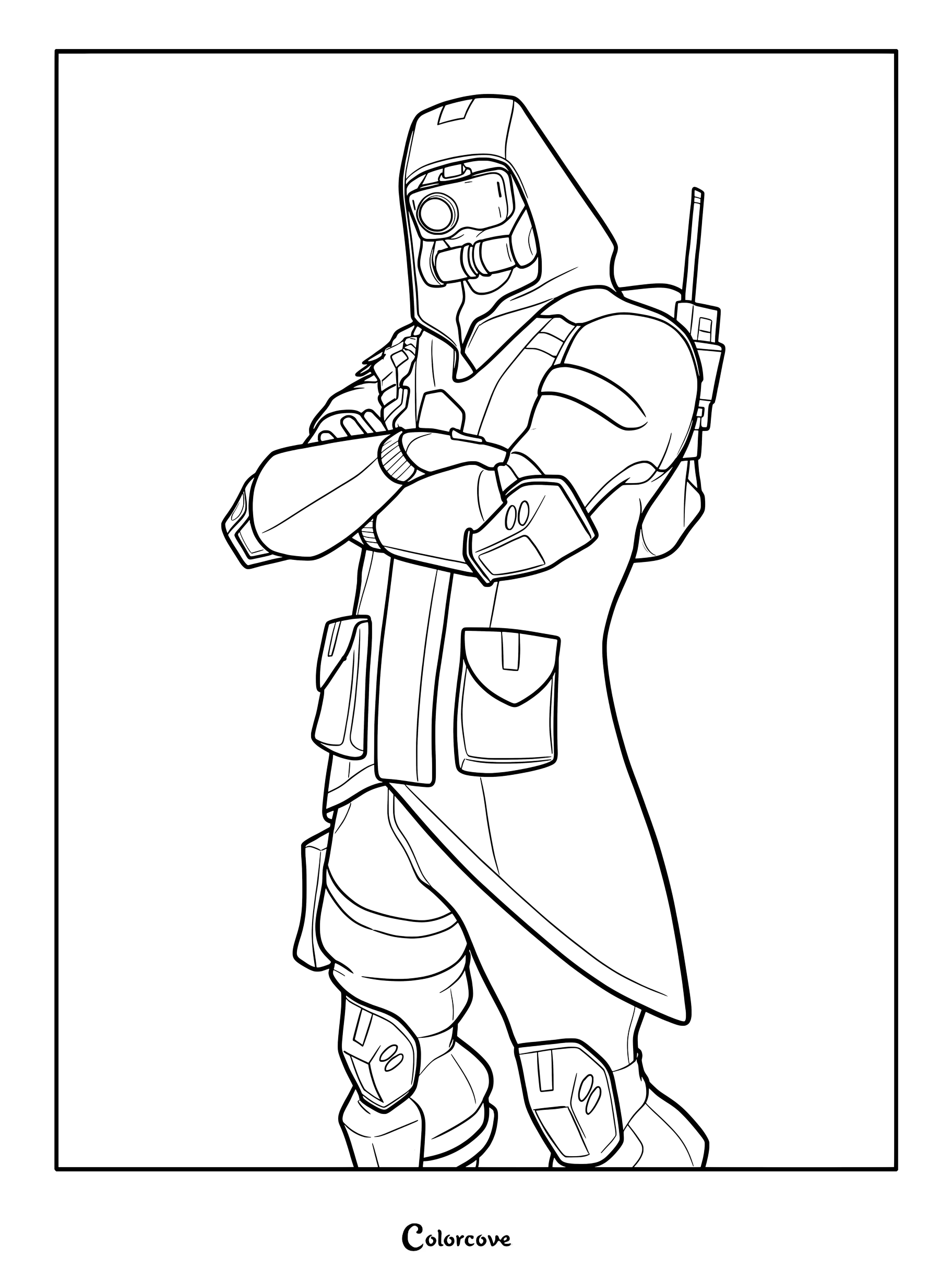 Coloriage du Skin Fortnite Double Helix présentant le personnage avec une veste à capuche et un équipement tactique, les bras croisés.