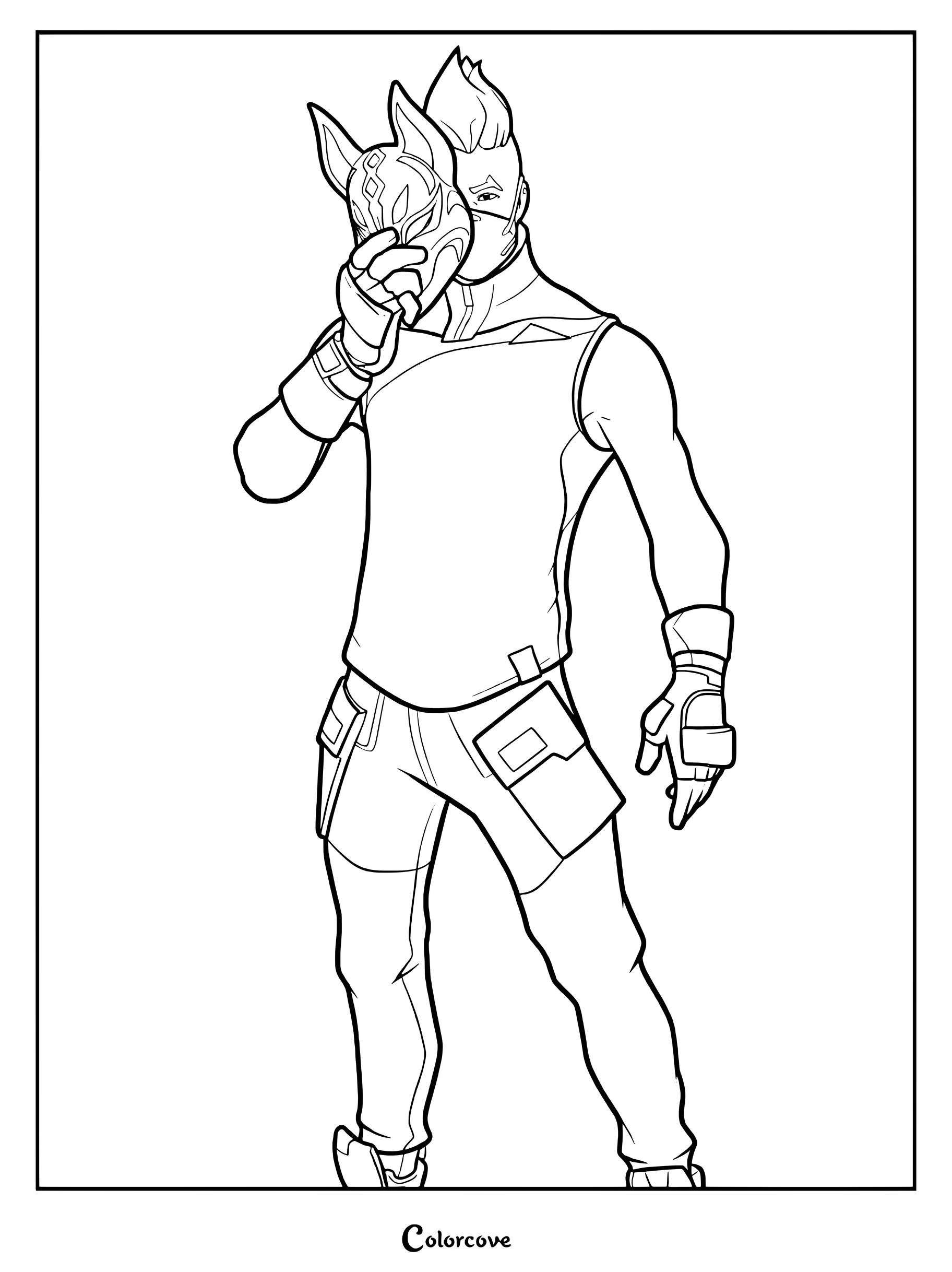 Coloriage du Skin Fortnite Nomade tenant son masque de kitsune.