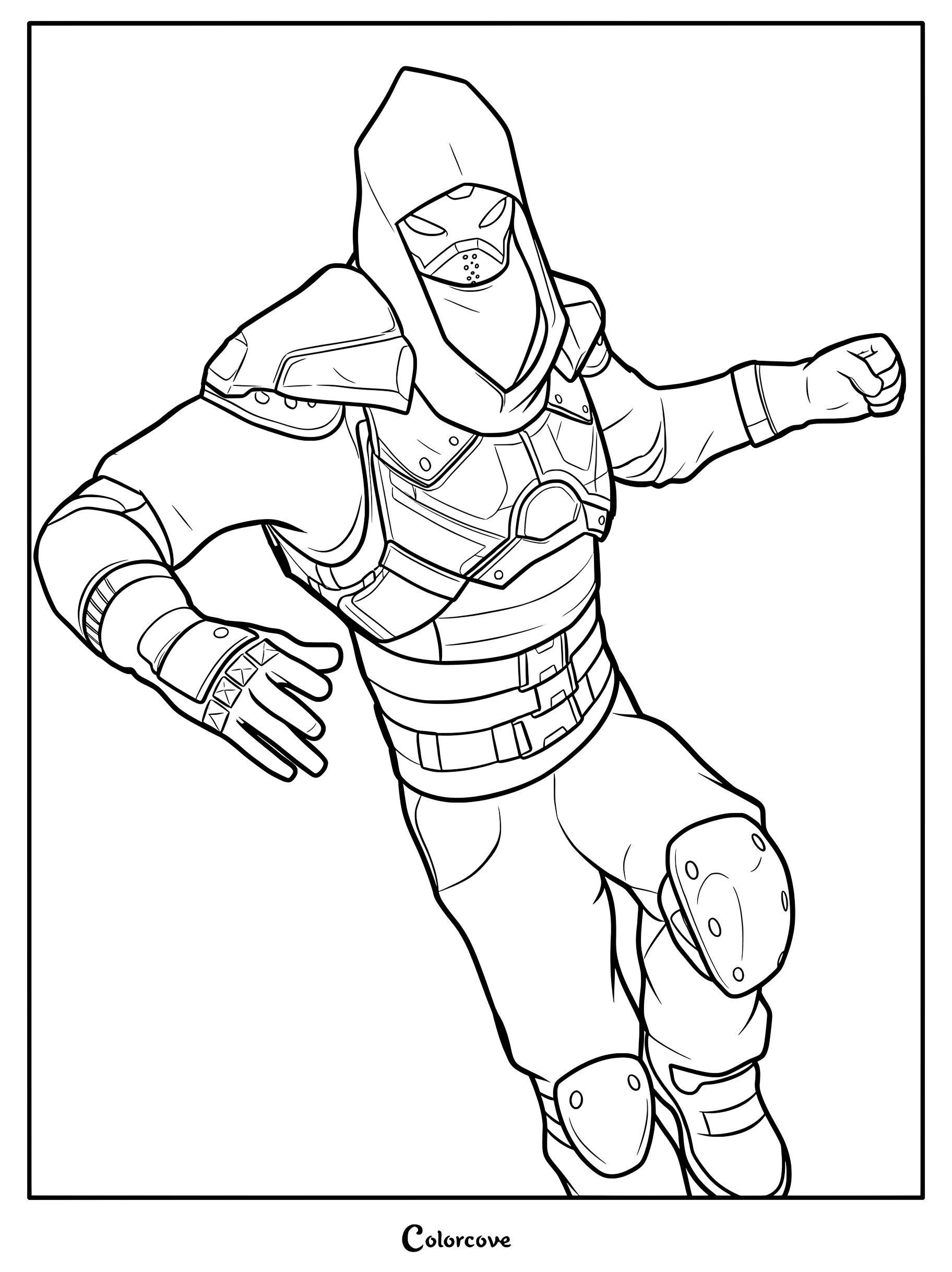 Coloriage à imprimer du skin Fortnite Exécuteur représentant le personnage masqué dans une pose d'action