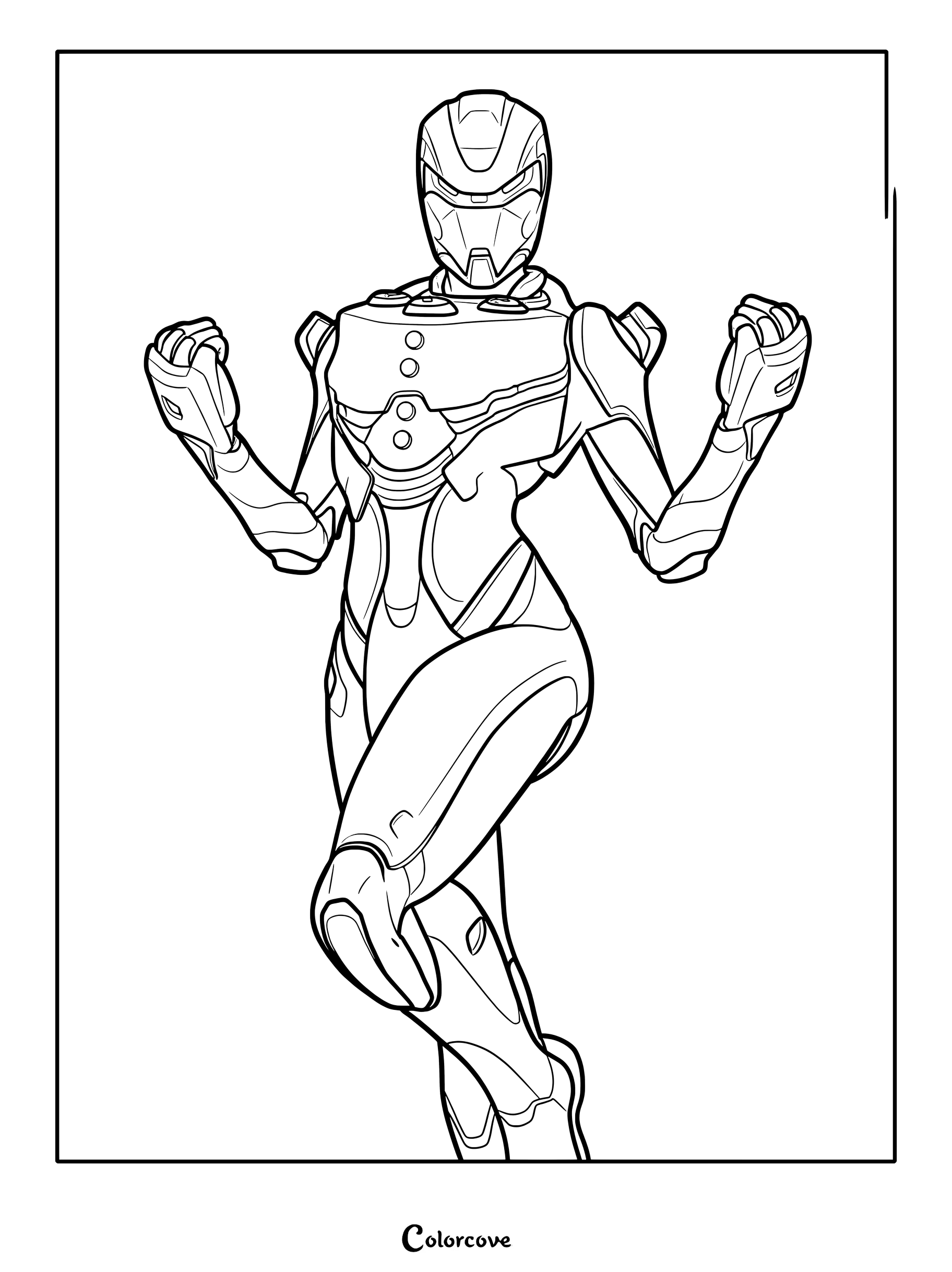 Coloriage du Skin Fortnite Éon avec son armure et ses poings fermés.