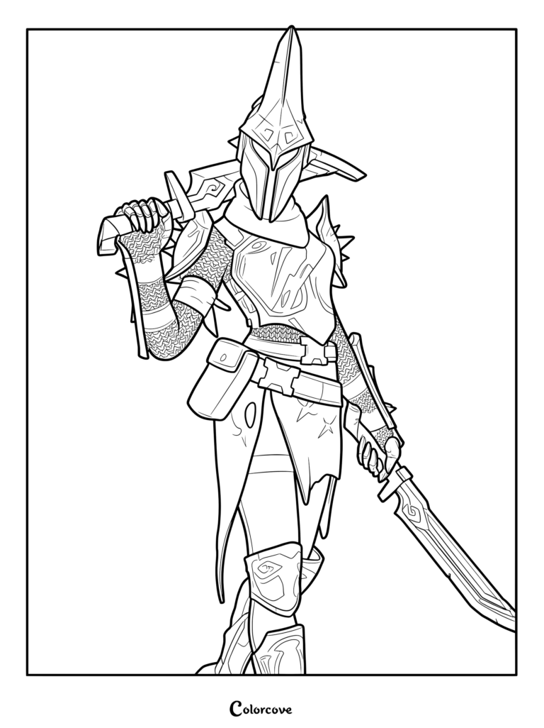 Coloriage du Chevalier éternel portant une armure médiévale détaillée et tenant une épée.