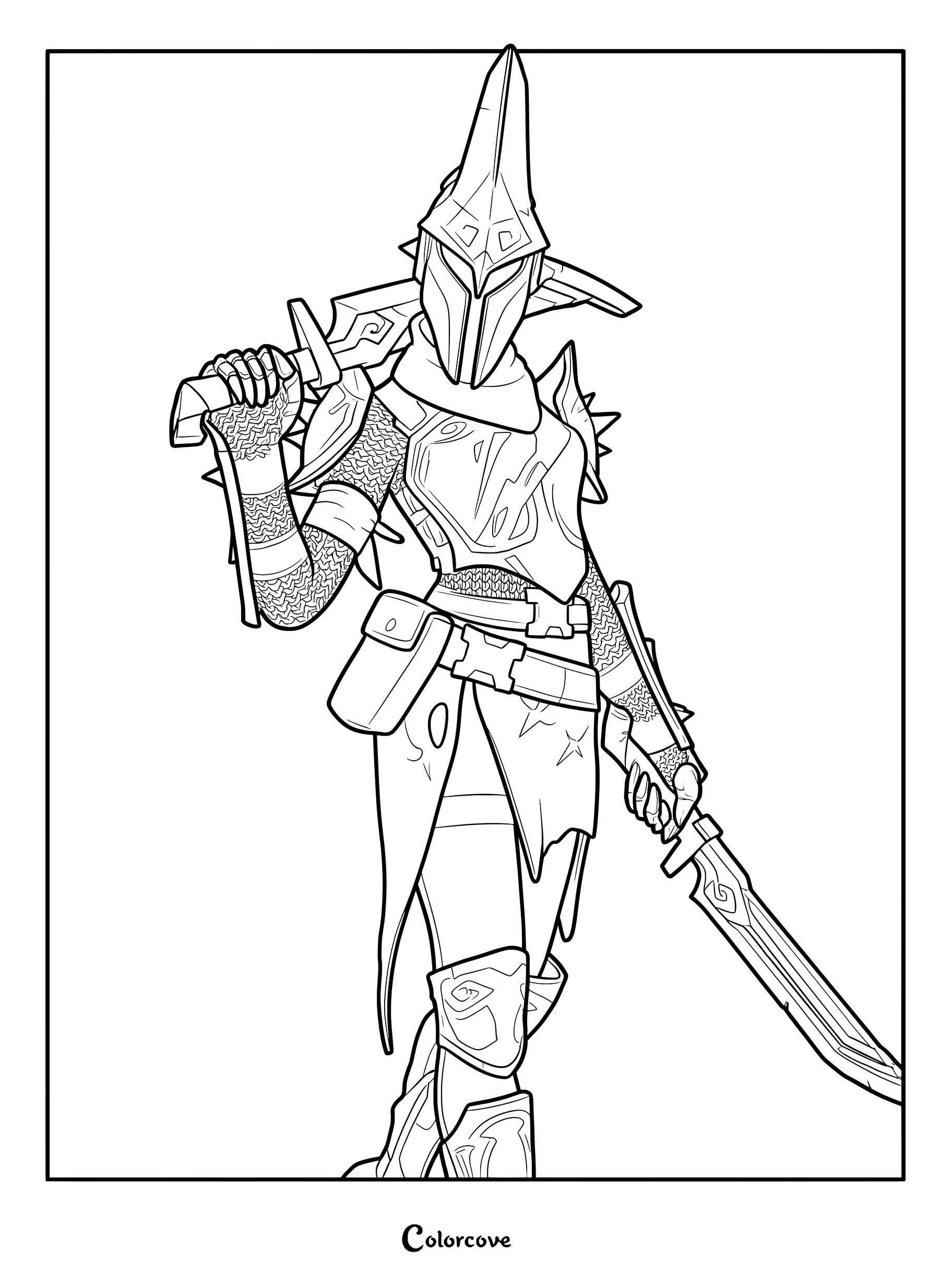 Coloriage du Chevalier éternel portant une armure médiévale détaillée et tenant une épée.