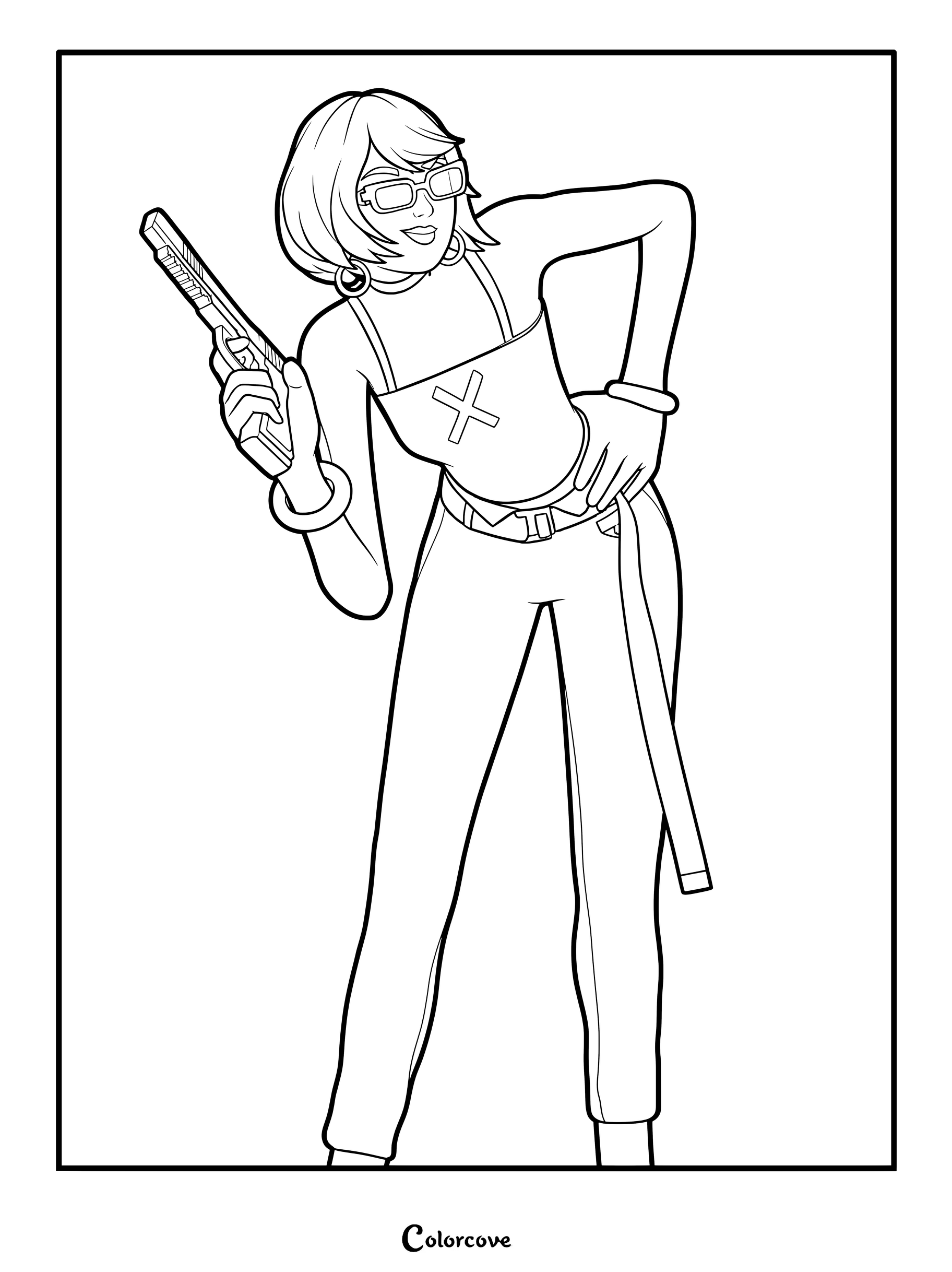Coloriage du Skin Fortnite Evie tenant un pistolet dans une pose stylée
