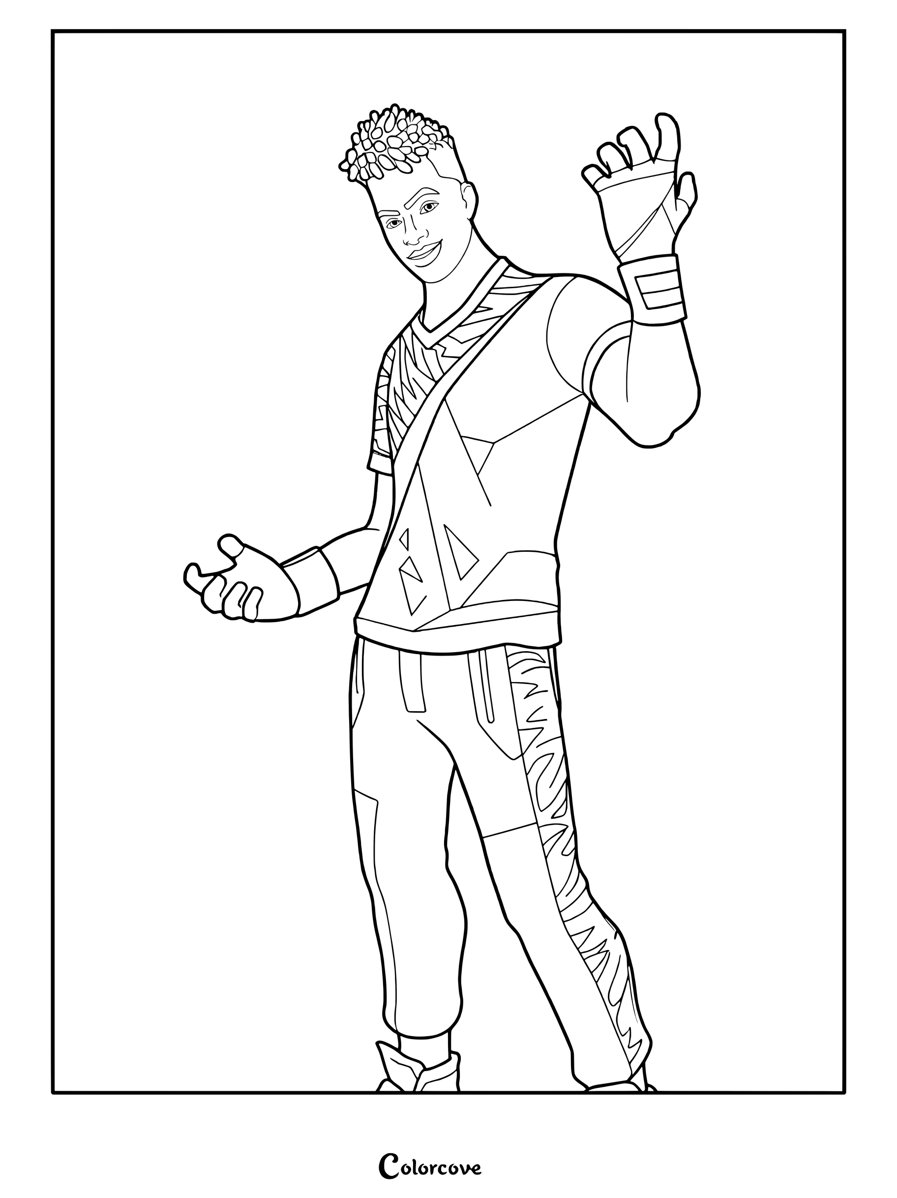 Coloriage à imprimer du Skin Fortnite Fondu posant avec des bandes aux poignets et des vêtements à motifs