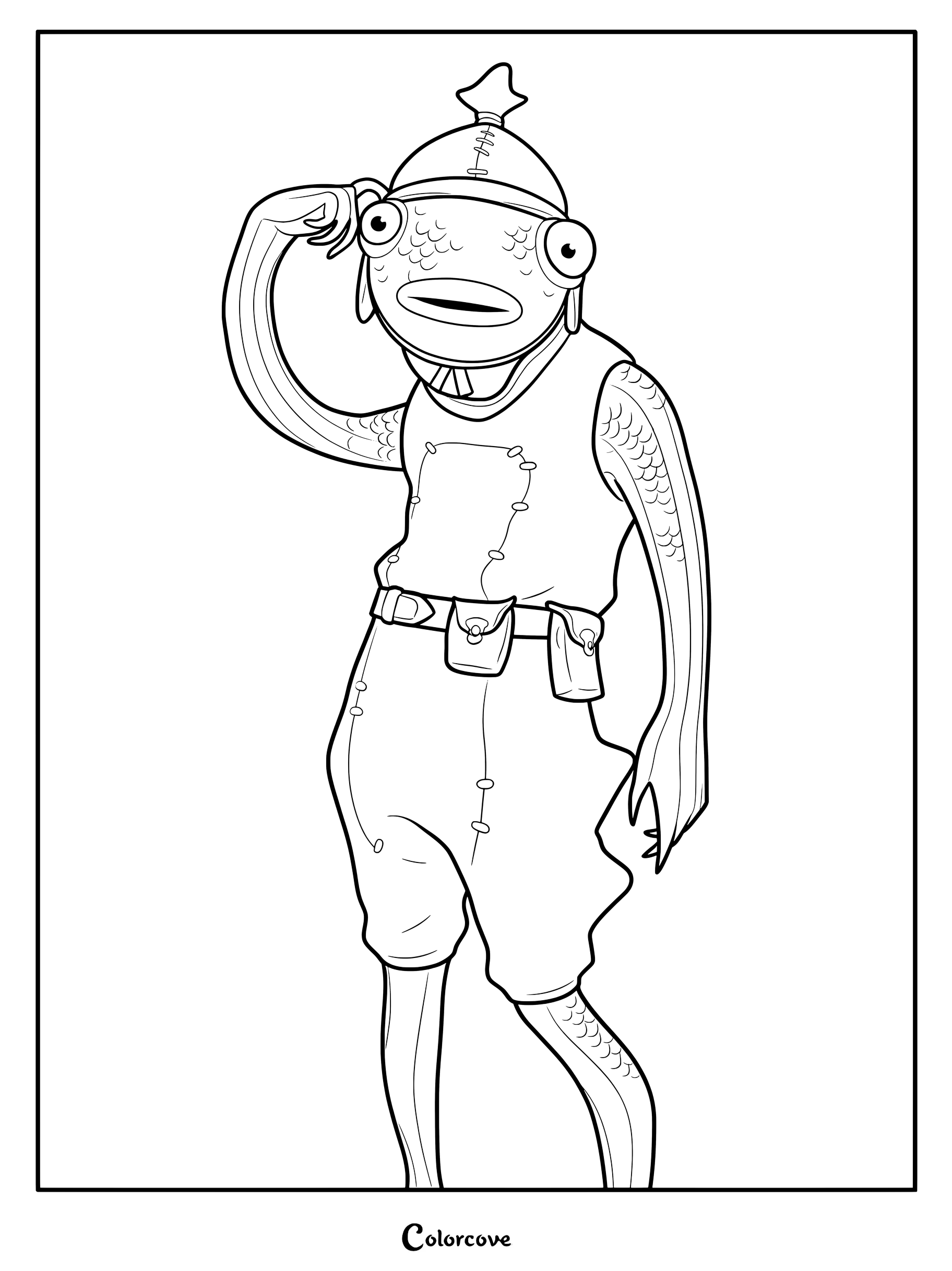Coloriage du Skin Fortnite Poiscaille portant un casque et une ceinture d'équipement