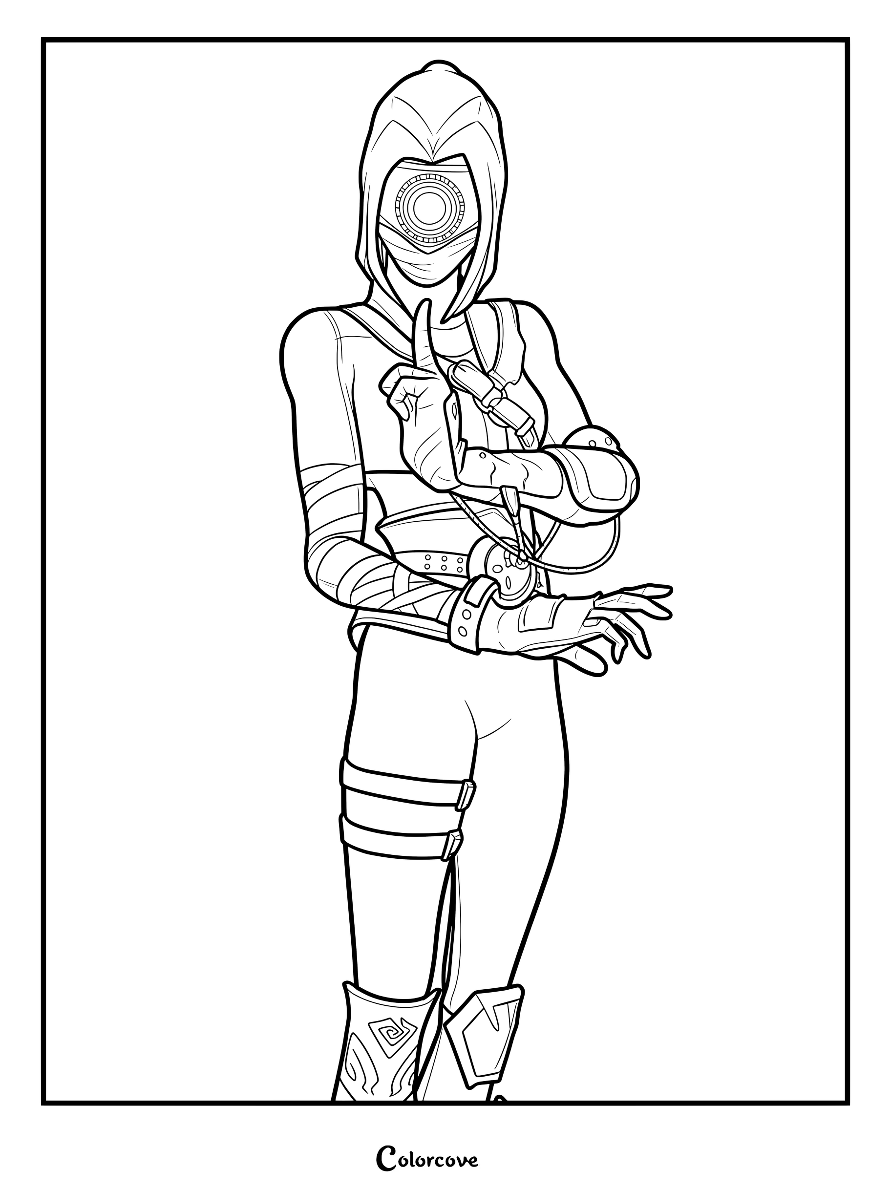 Coloriage du Skin Fortnite Foxus debout dans une tenue à capuche levant un doigt