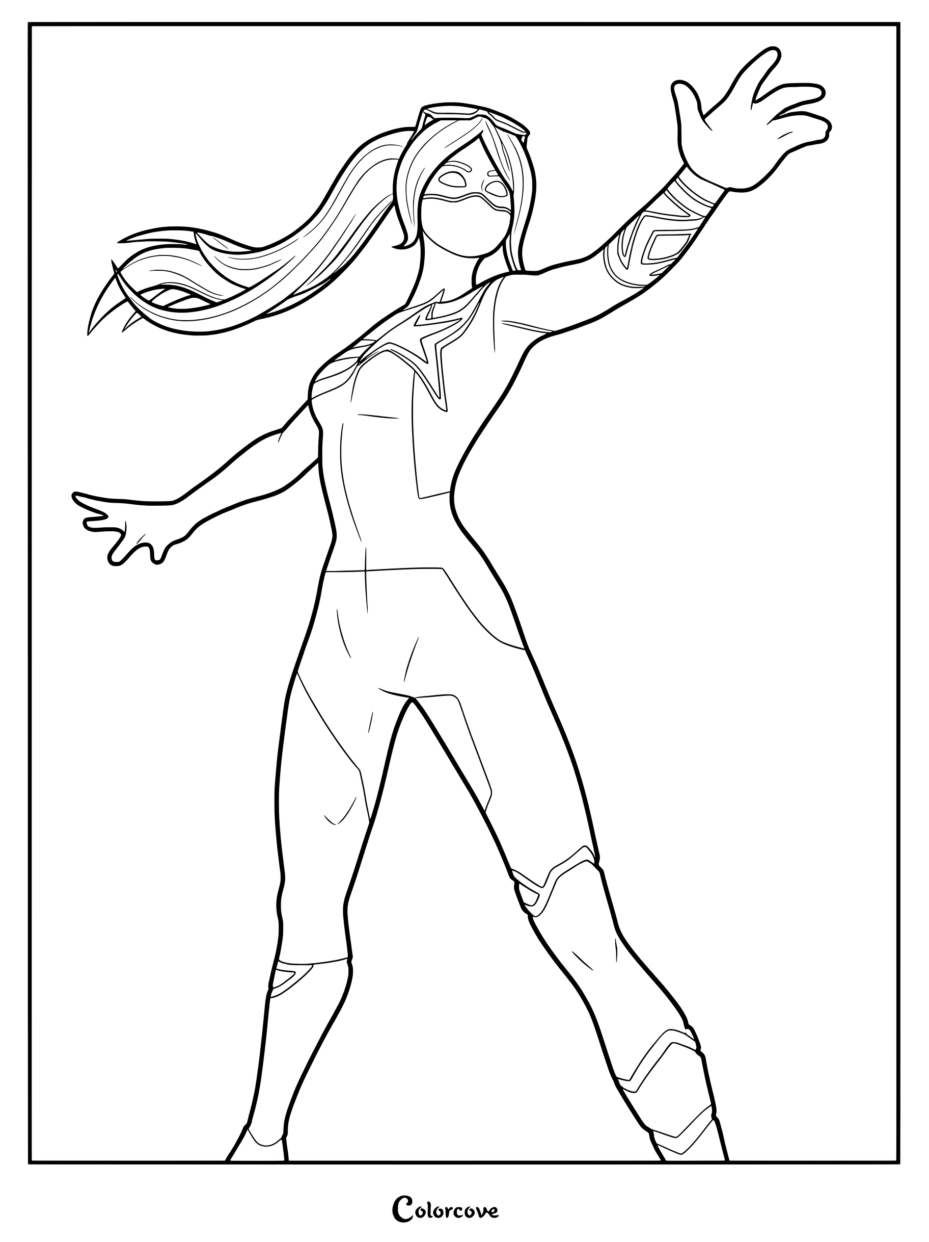 Coloriage à imprimer du personnage du Skin Fortnite Galaxia prenant une pose dynamique, main levée et prête à l'action.