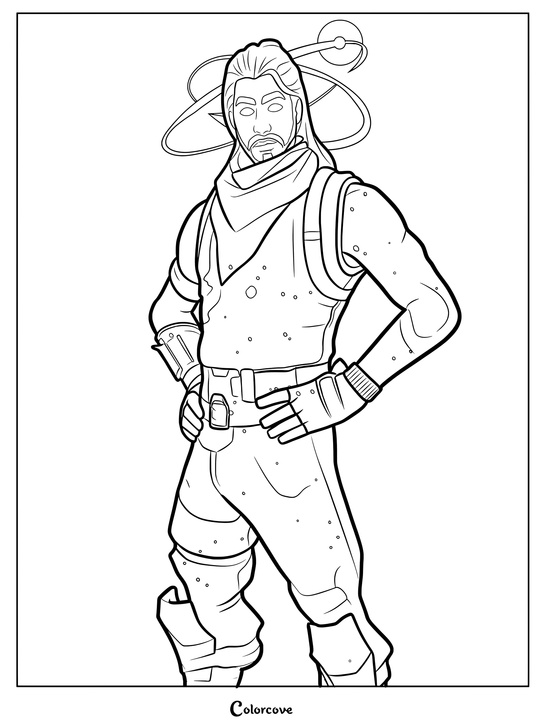 Coloriage du personnage du Skin Fortnite Galaxy debout, les mains sur les hanches.