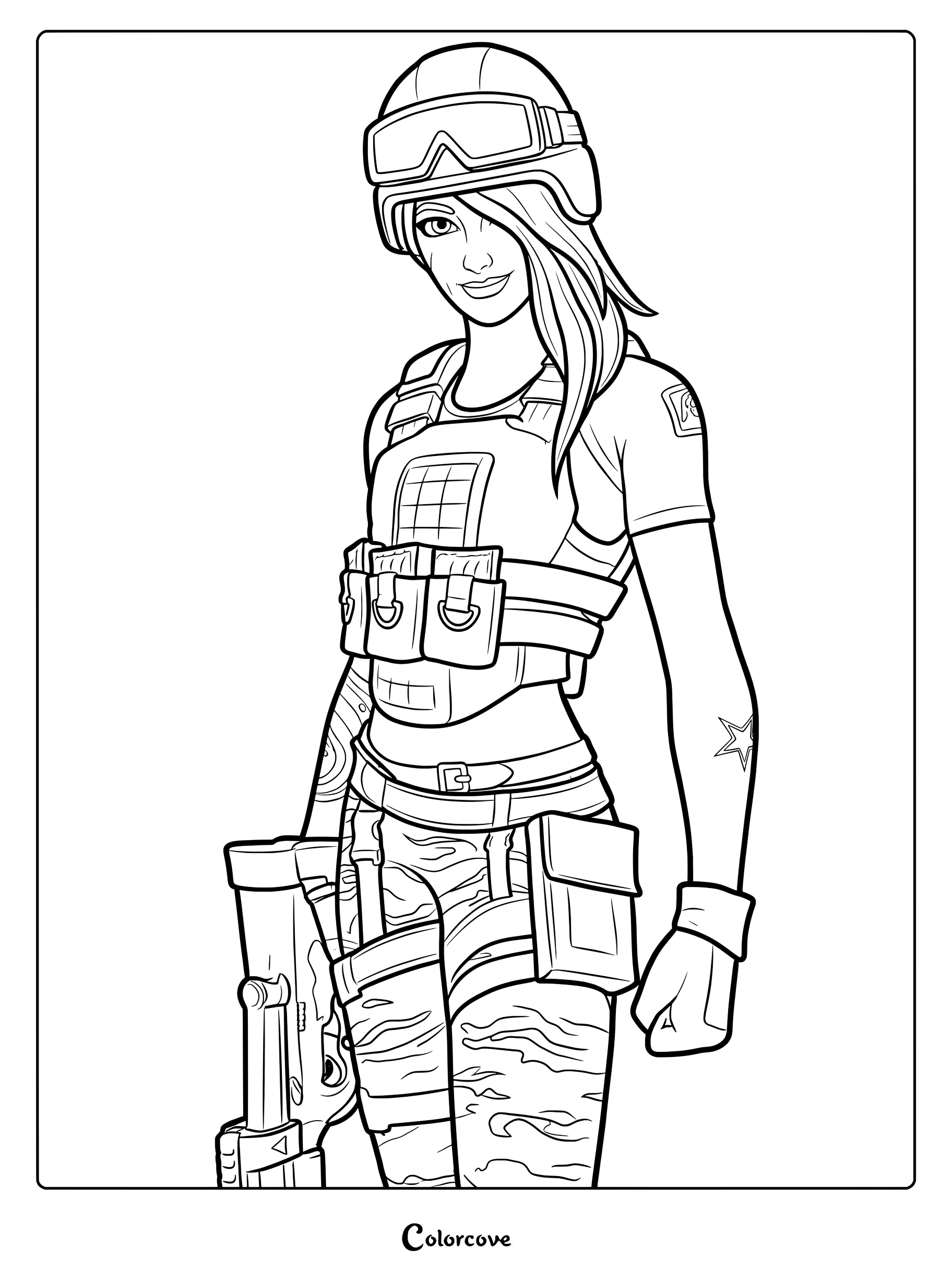 Coloriage à imprimer de Maya spécialiste de l'équipement de Fortnite en tenue tactique et casque