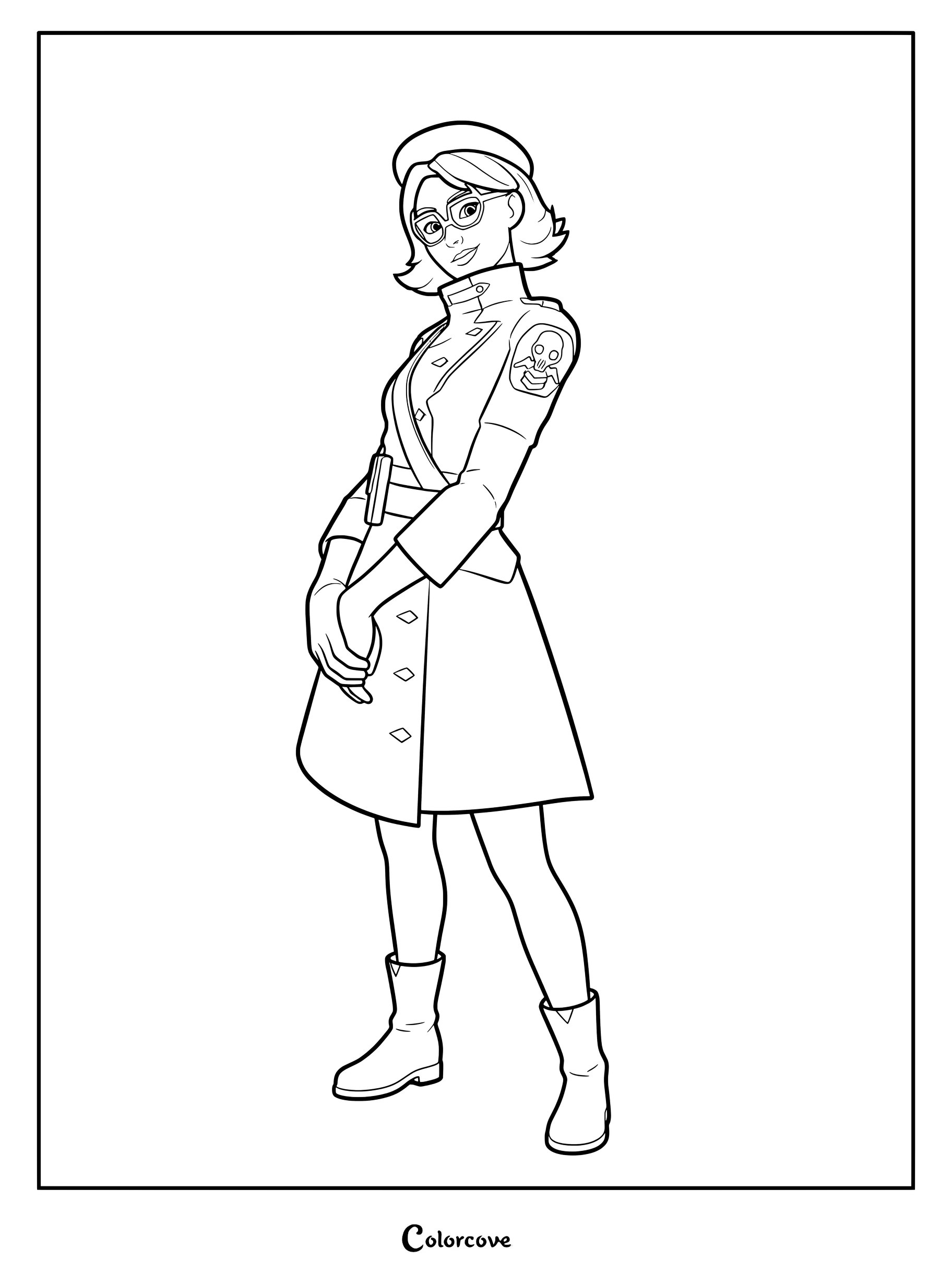 Coloriage du Skin Fortnite Camille montrant le personnage avec son manteau et son béret