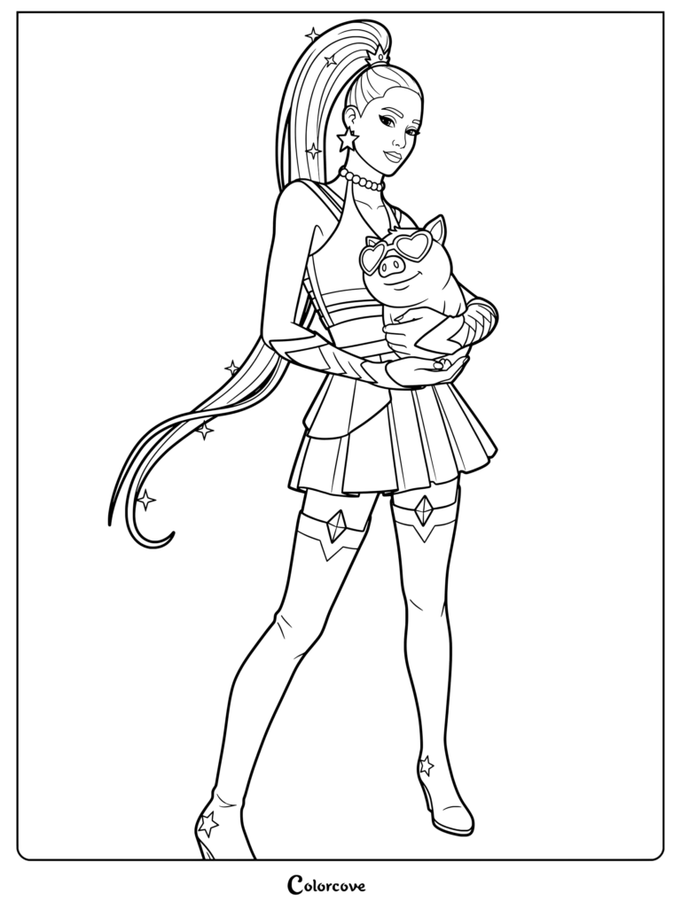 Coloriage du skin Fortnite Ariana Grande tenant un petit cochon portant des lunettes de soleil en cœur, avec une longue queue de cheval étoilée