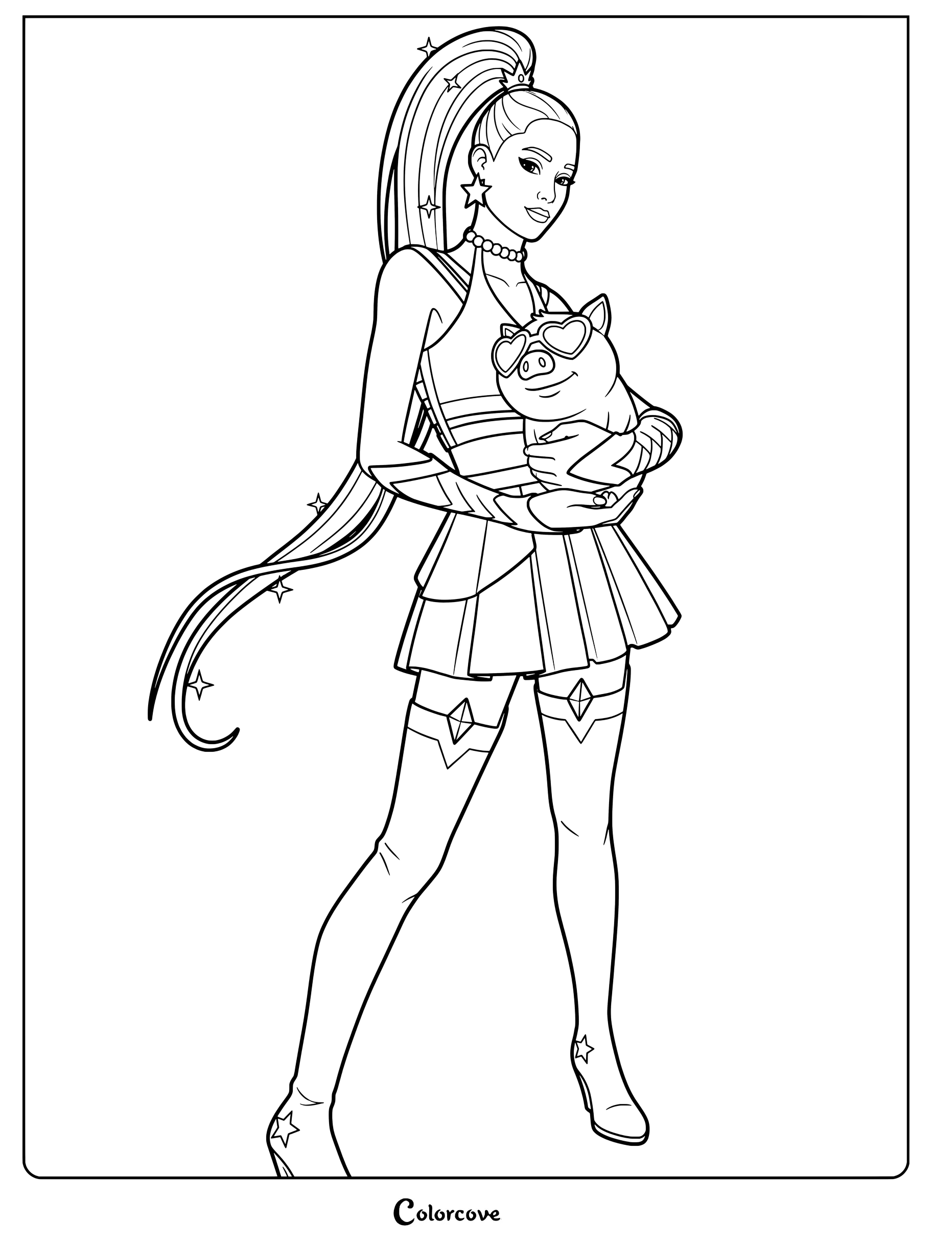 Coloriage du Skin Fortnite Ariana Grande tenant un petit cochon avec des lunettes de soleil en cœur et une longue queue de cheval étoilée