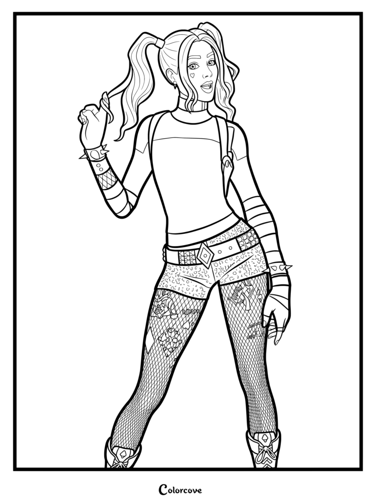 Coloriage du skin Fortnite Harley Quinn montrant le personnage tirant sur sa couette, avec des bas résille et des poignets à piques
