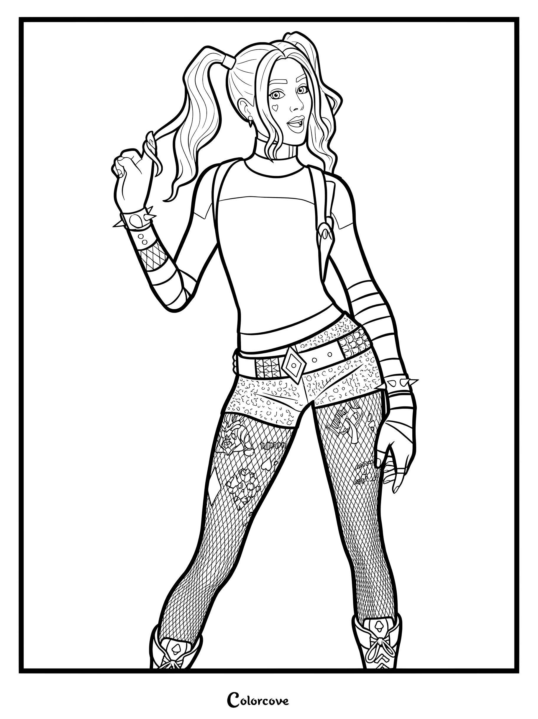 Coloriage du Skin Fortnite Harley Quinn montrant le personnage tirant sur sa couette avec des bas résille et des poignets à piques