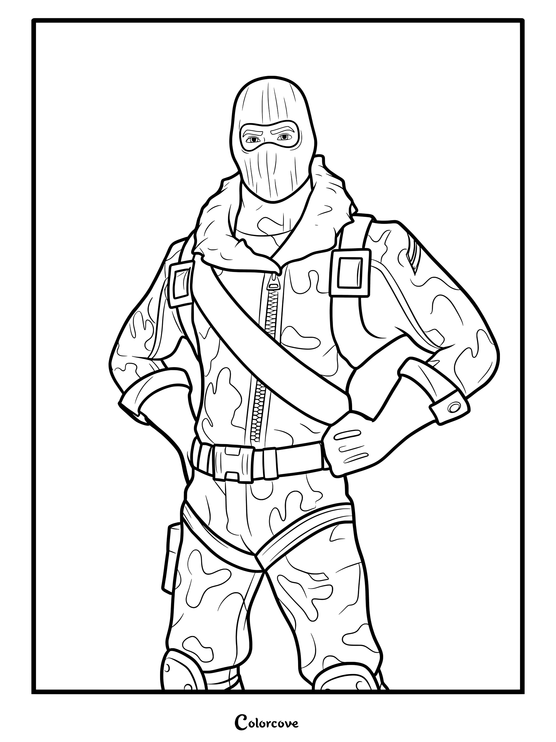 Coloriage à imprimer du Skin Fortnite Ravageur avec une tenue camouflage et une cagoule