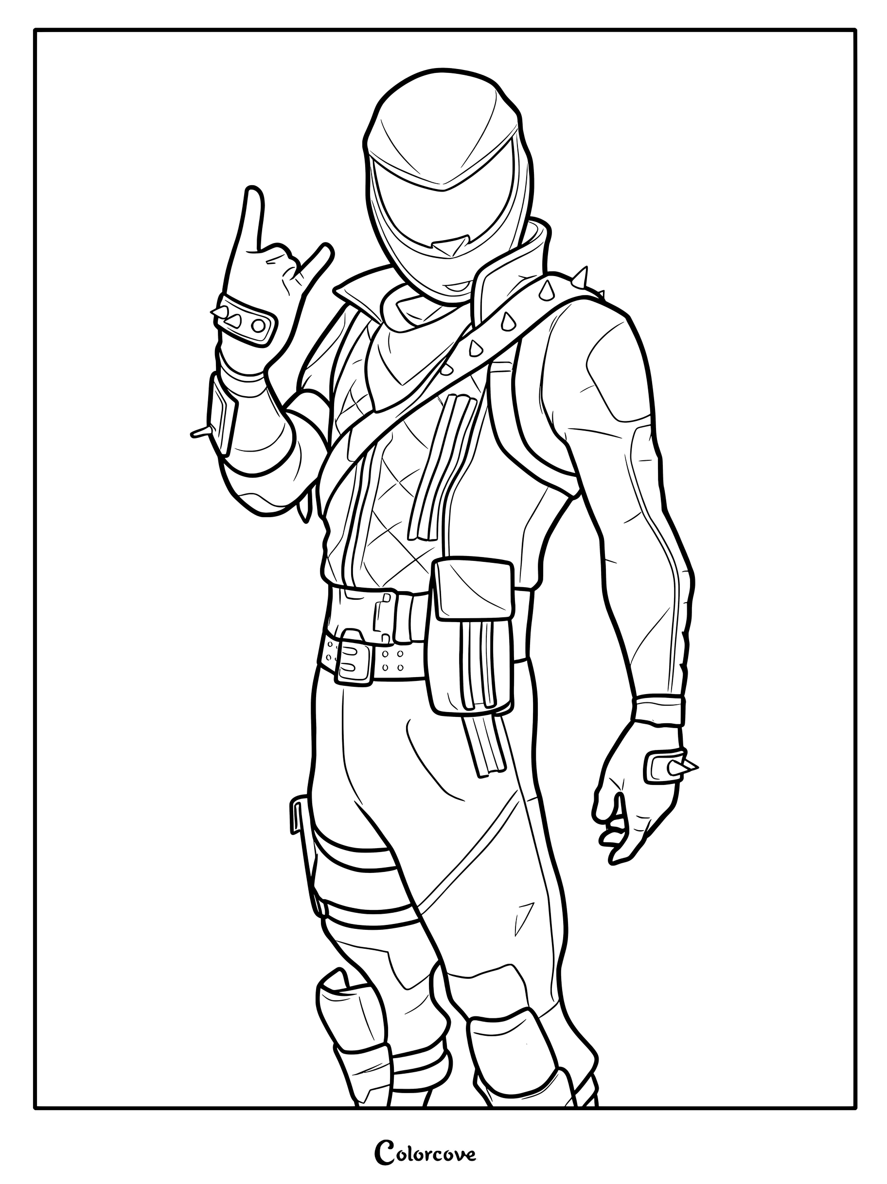 Coloriage du Skin Fortnite Garde d'honneur portant un casque et faisant le signe des cornes