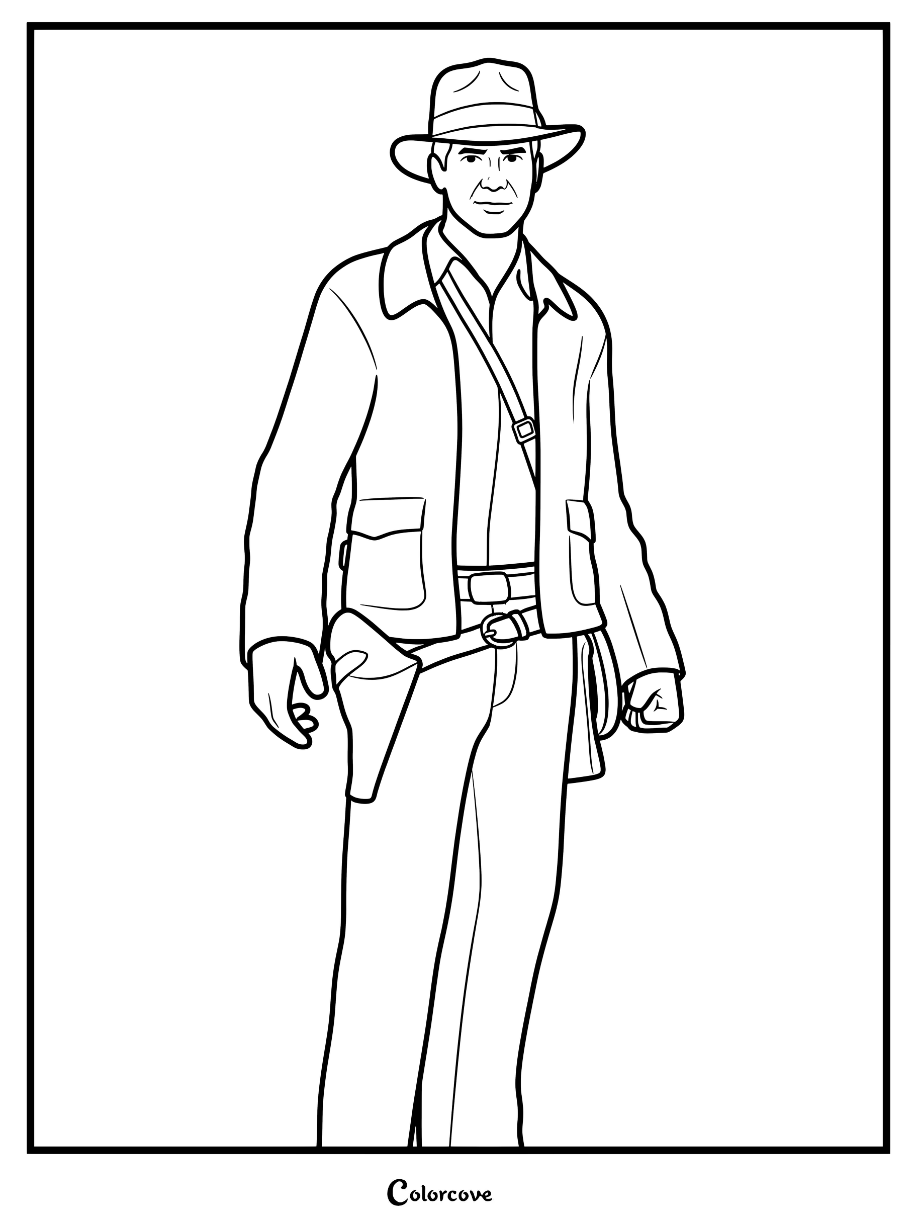 Coloriage du Skin Fortnite Indiana Jones mettant en scène l'explorateur emblématique avec son fédora et sa veste