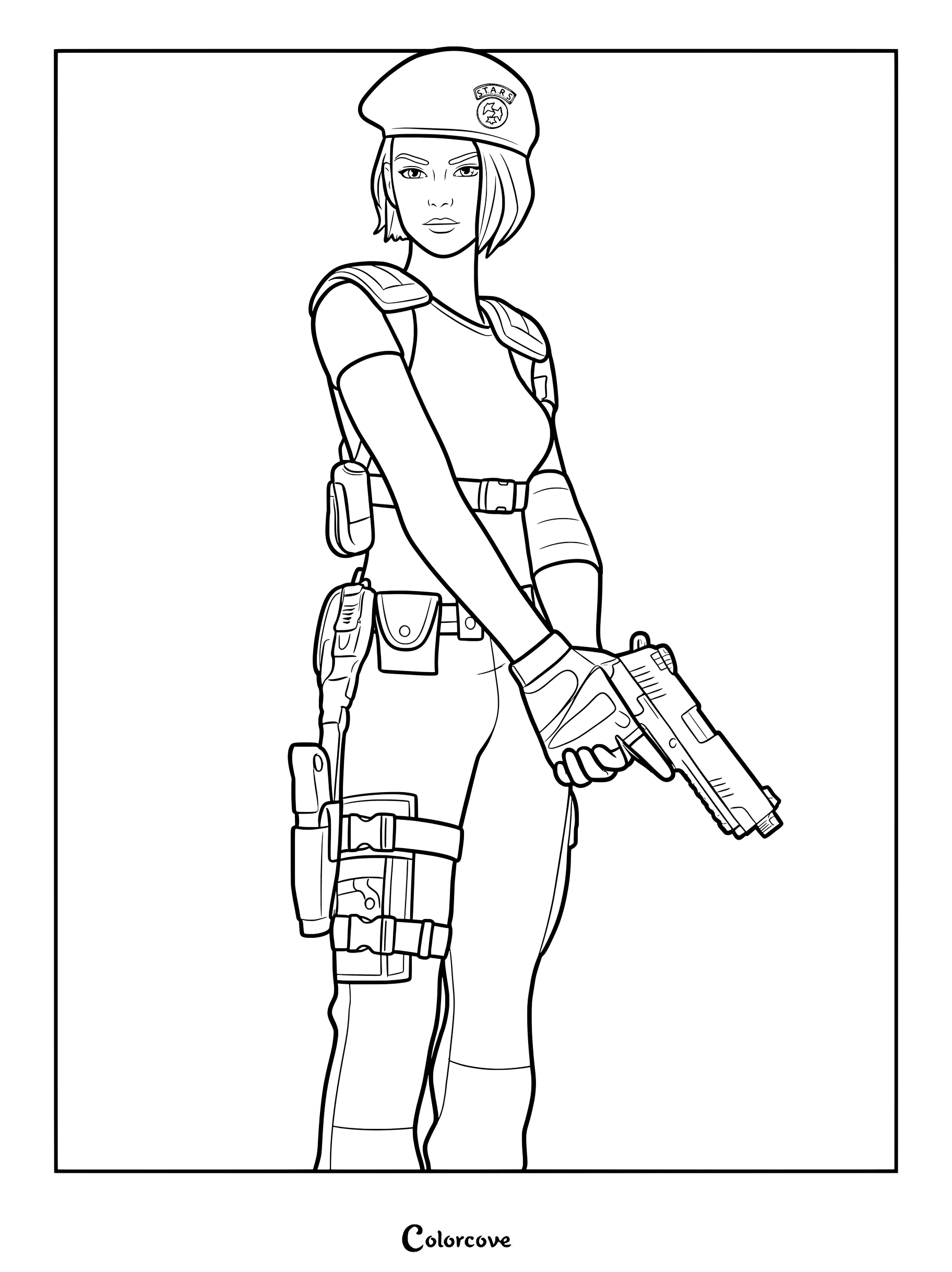 Coloriage du Skin Fortnite Jill Valentine tenant un pistolet