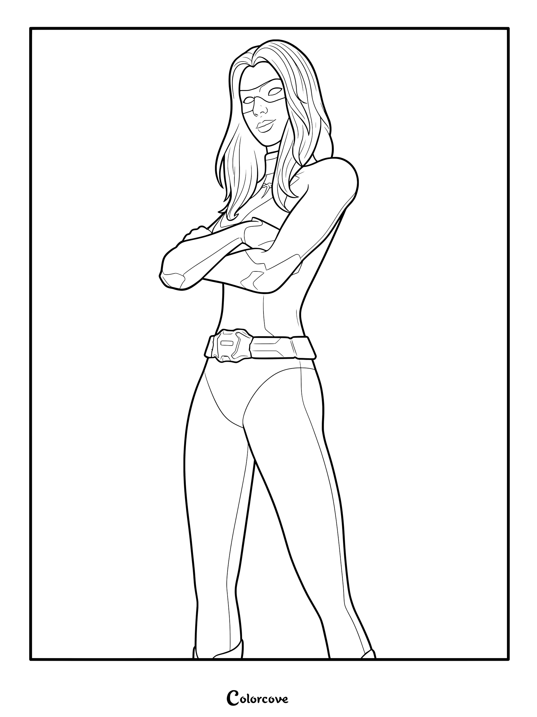Coloriage du Skin Fortnite Joltara avec le super-héros debout, bras croisés