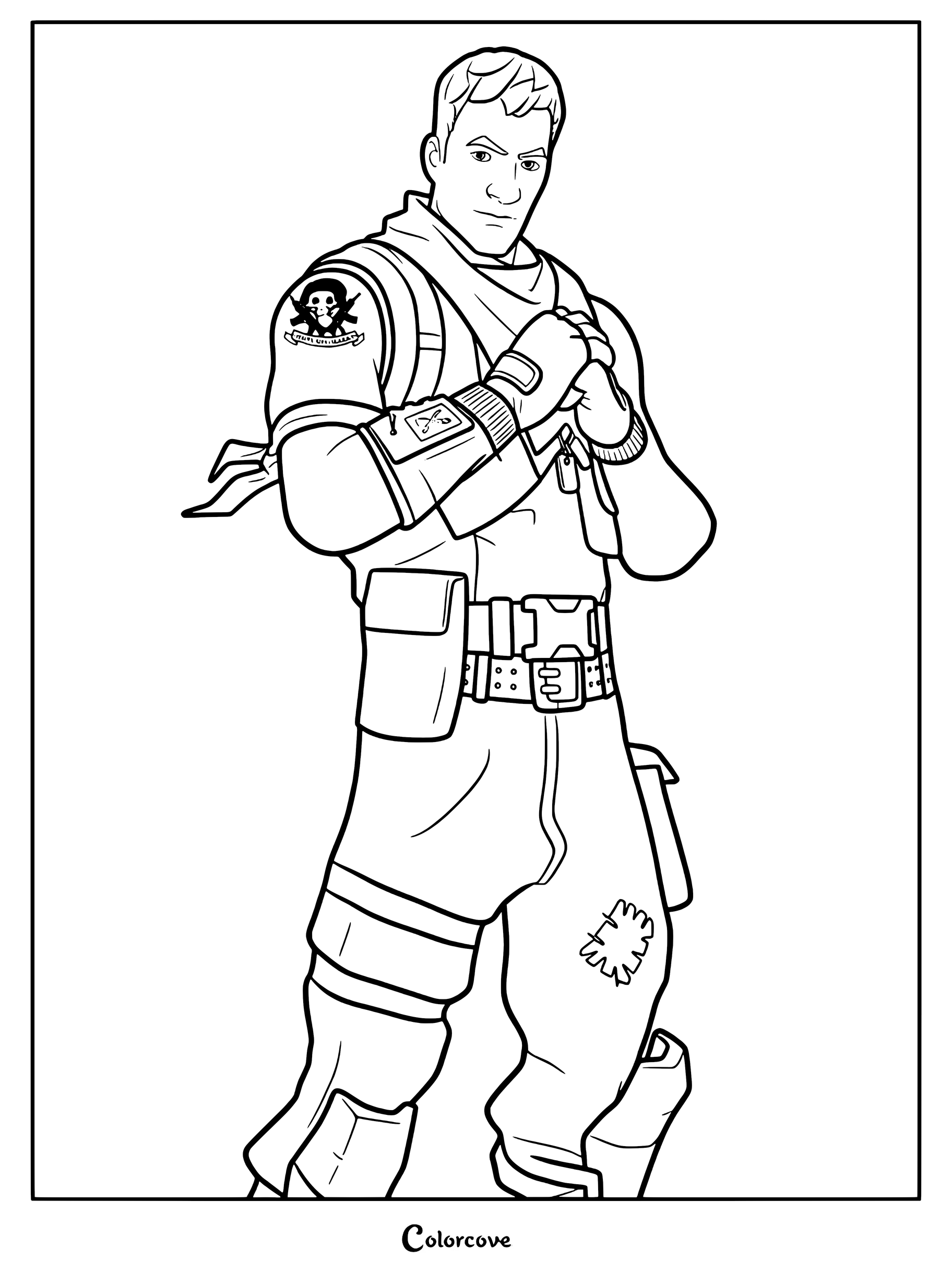 Coloriage du skin Fortnite Jonesy originel avec un équipement tactique et un genou rapiécé