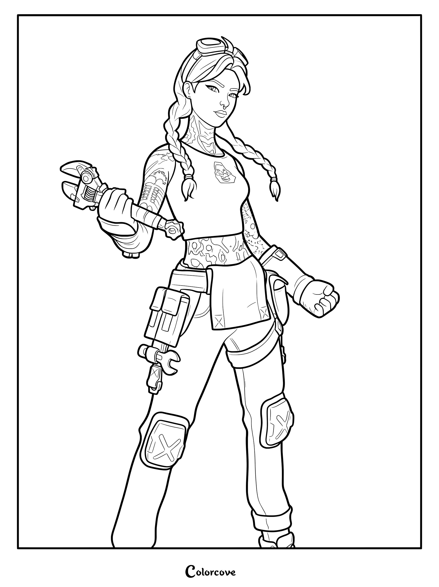 Coloriage à imprimer de Jules de Fortnite tenant une clé à molette
