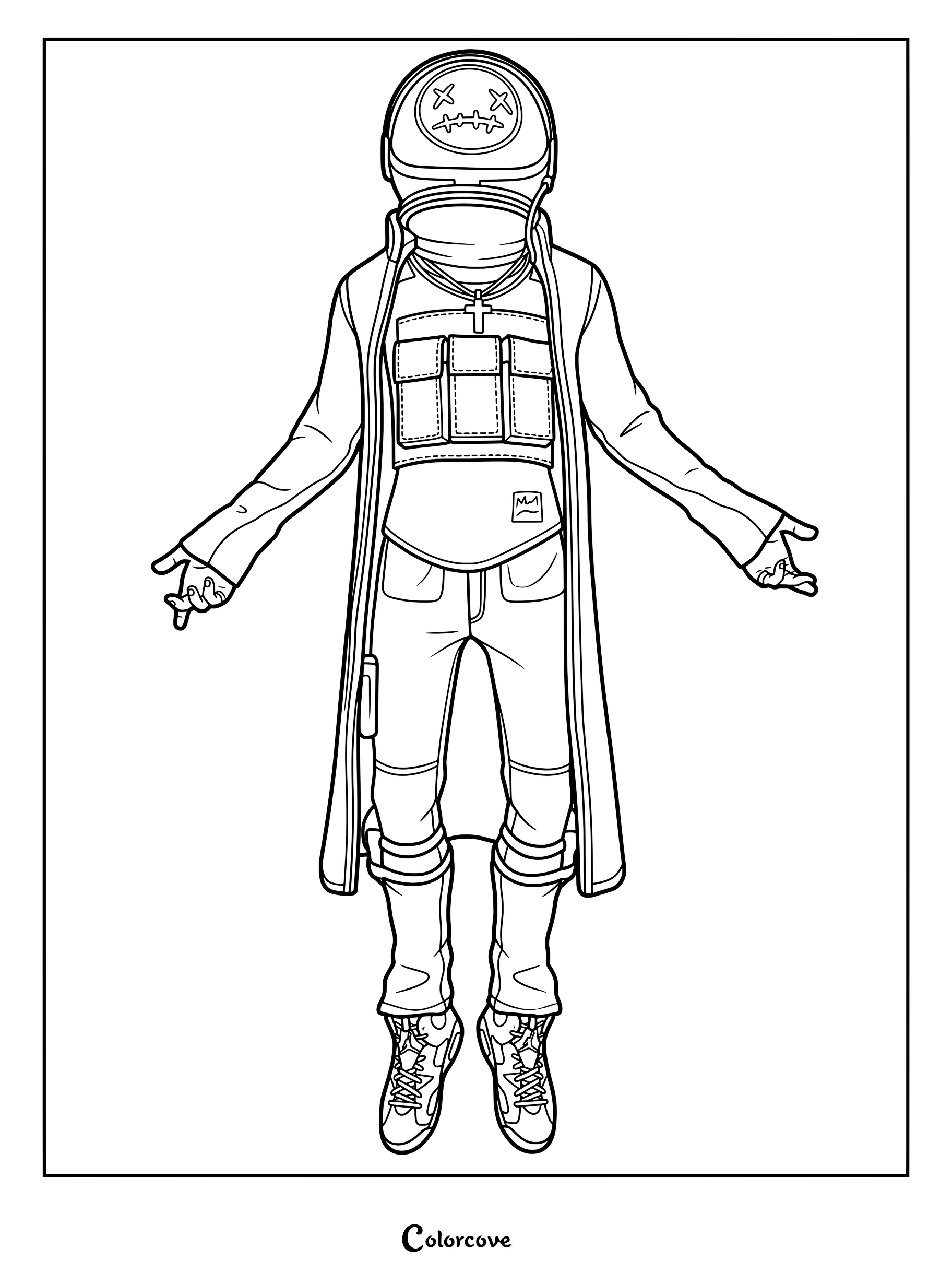 Coloriage détaillé du Skin Fortnite Astro Jack flottant les bras écartés.